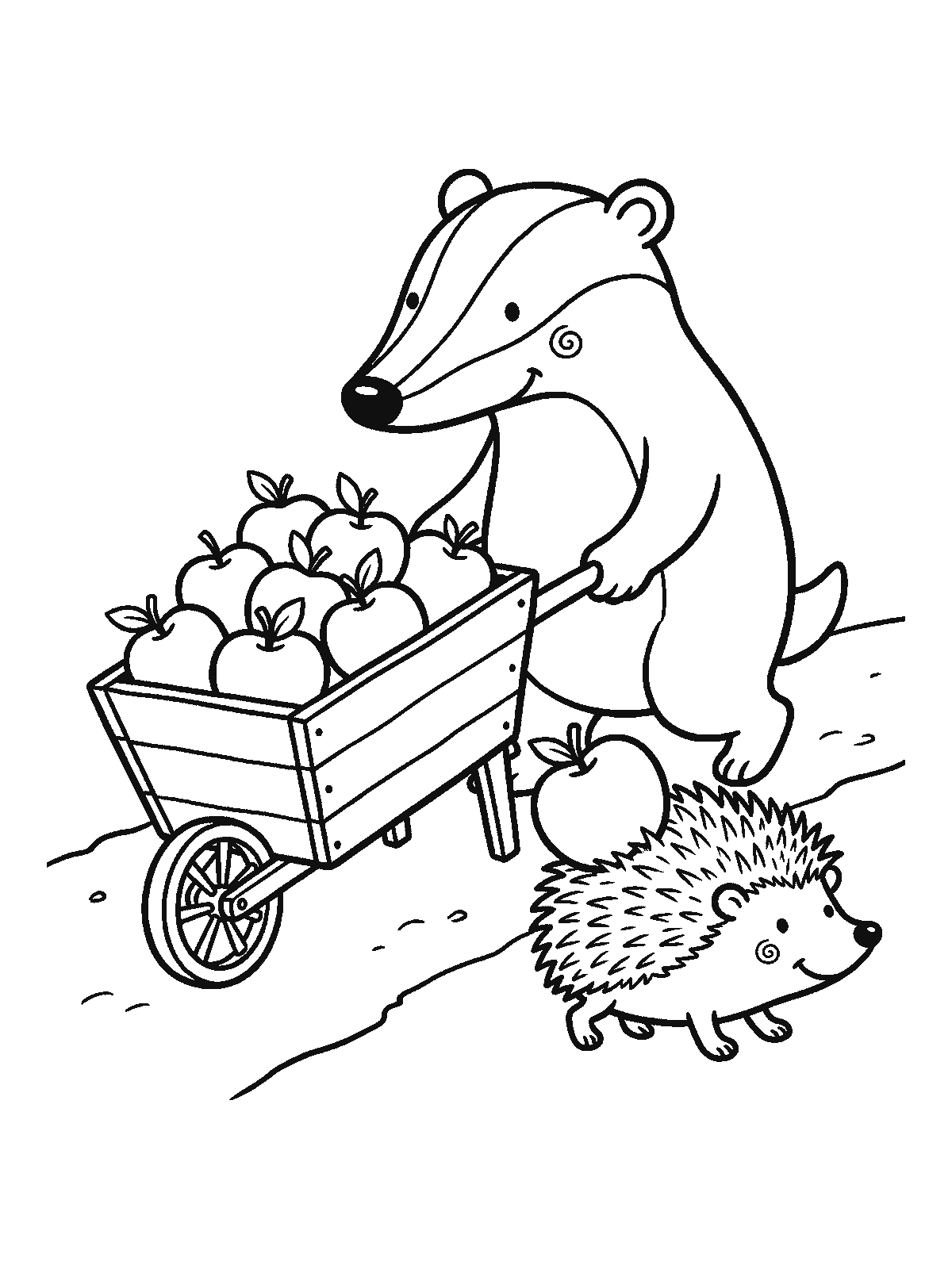 Printable coloring page: a badger pushes a wooden wheelbarrow full of apples along a path, and a hedgehog walks beside it with a fallen apple stuck on its spines