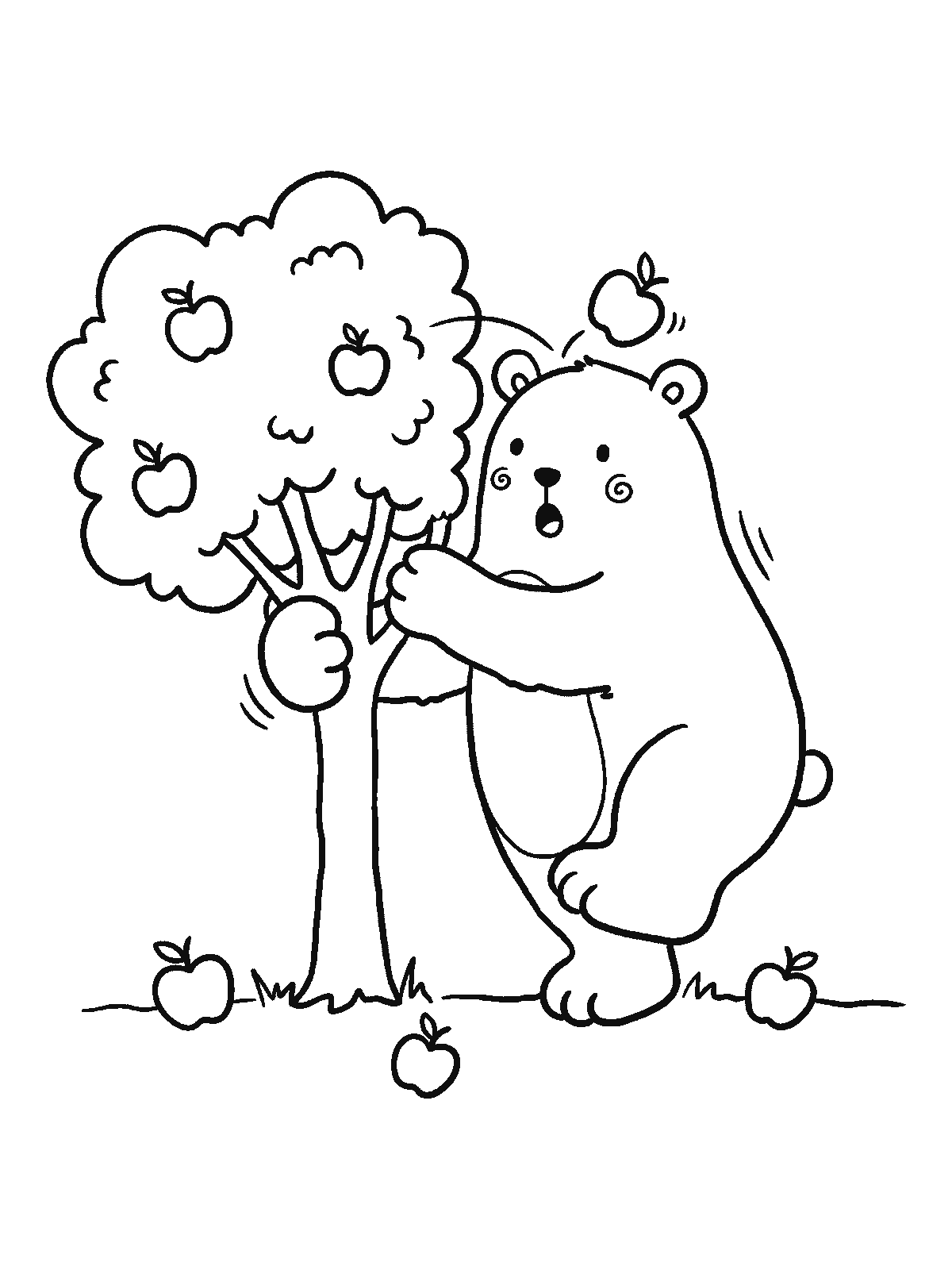 Coloring page: a bear shaking the trunk of a small apple tree with an apple bouncing off its head and apples on the grass
