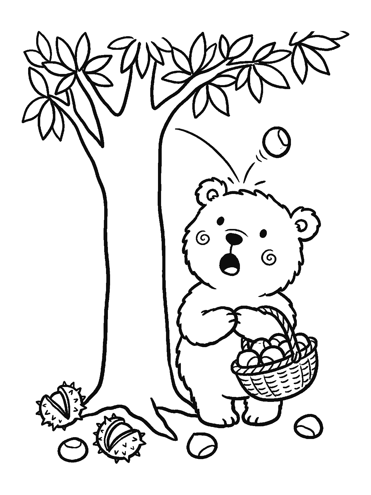 Printable coloring page: a bear cub holding a basket of chestnuts stands under a chestnut tree looking up because a chestnut bounced off its head; spiky shells lie on the ground