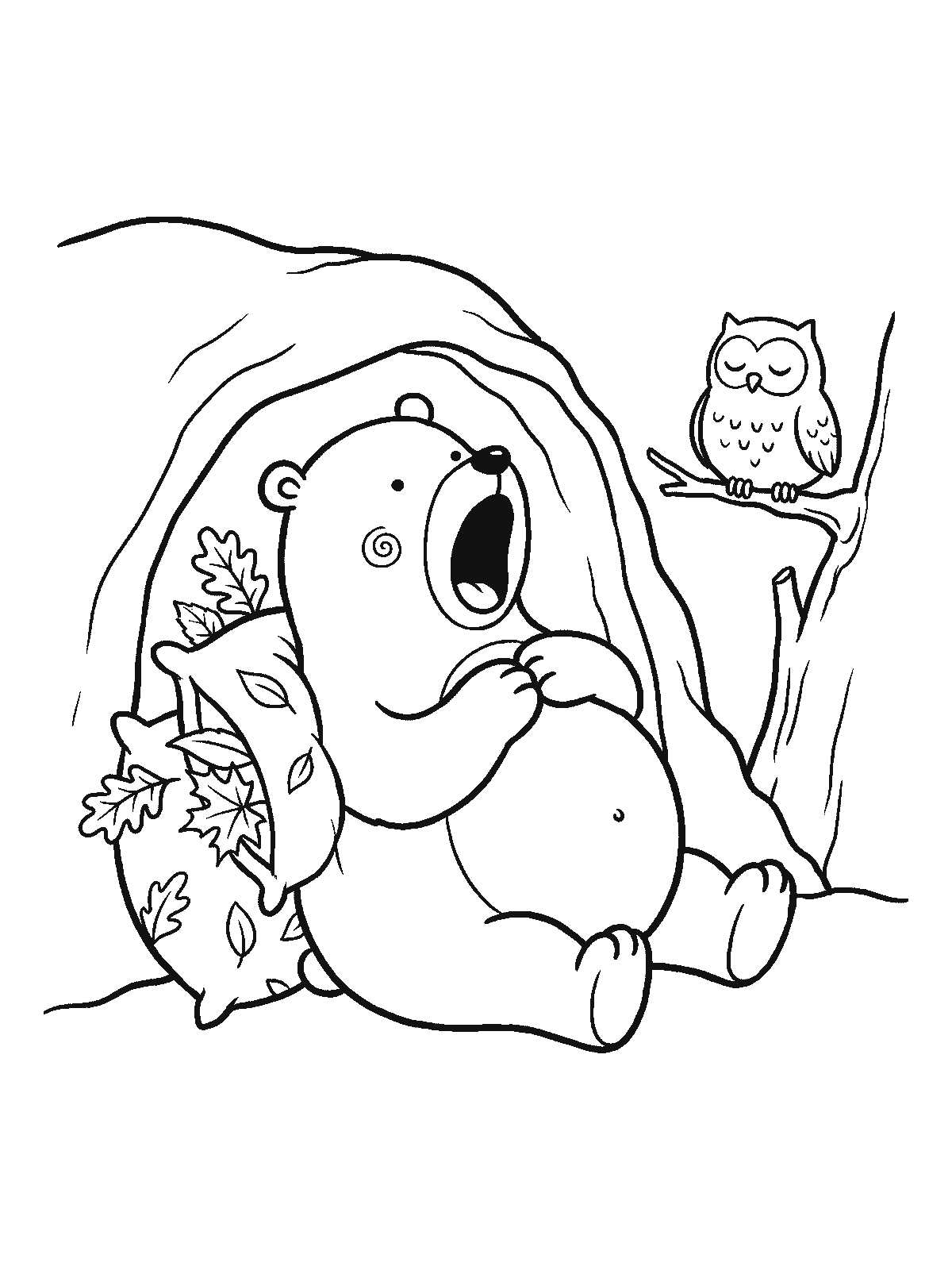 Printable coloring page: a bear yawns widely inside its den, leaning on a pillow with leaves poking out; outside an owl sleeps on a branch