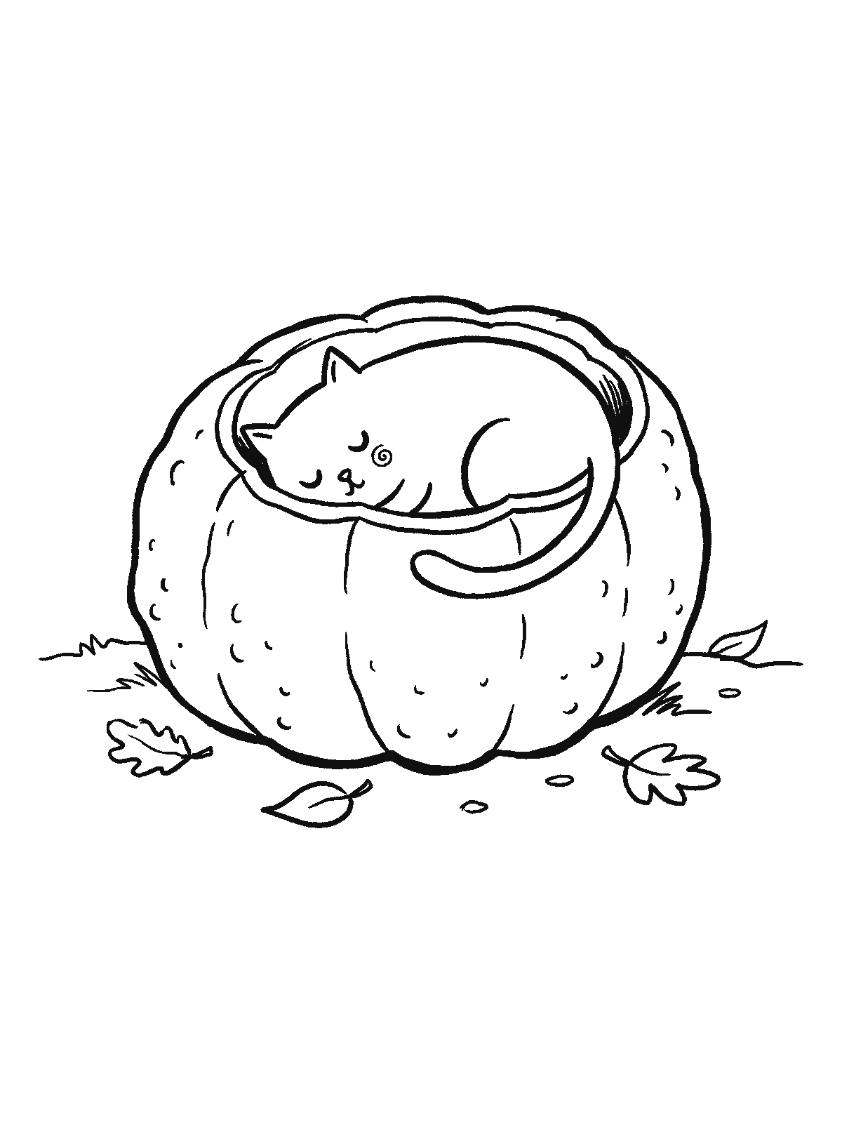 Printable coloring page: a cat sleeps curled up inside an open pumpkin with its tail draped over the rim; a few fall leaves lie on the ground