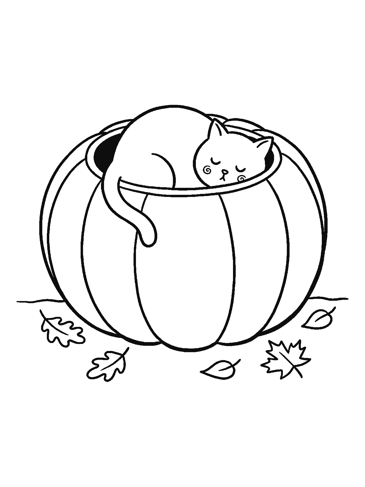 Printable coloring page: a kitten sleeps curled up inside a big hollow pumpkin with its tail hanging over the edge; fall leaves lie on the ground