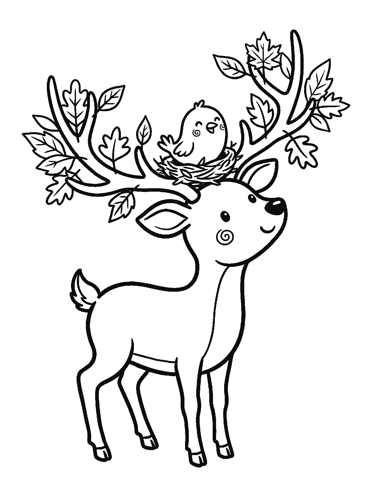 Printable coloring page: a young deer with colorful fall leaves in its antlers and a nest with a little bird between the antlers