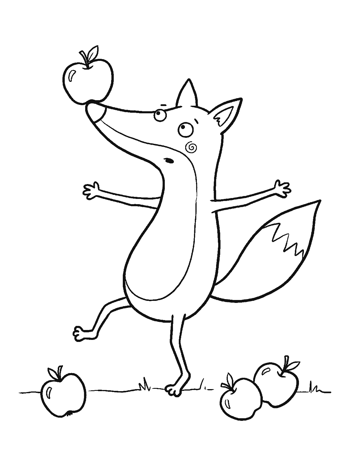 Coloring page: a fox standing on its hind legs balancing an apple on the tip of its nose with its arms out, apples lying on the ground