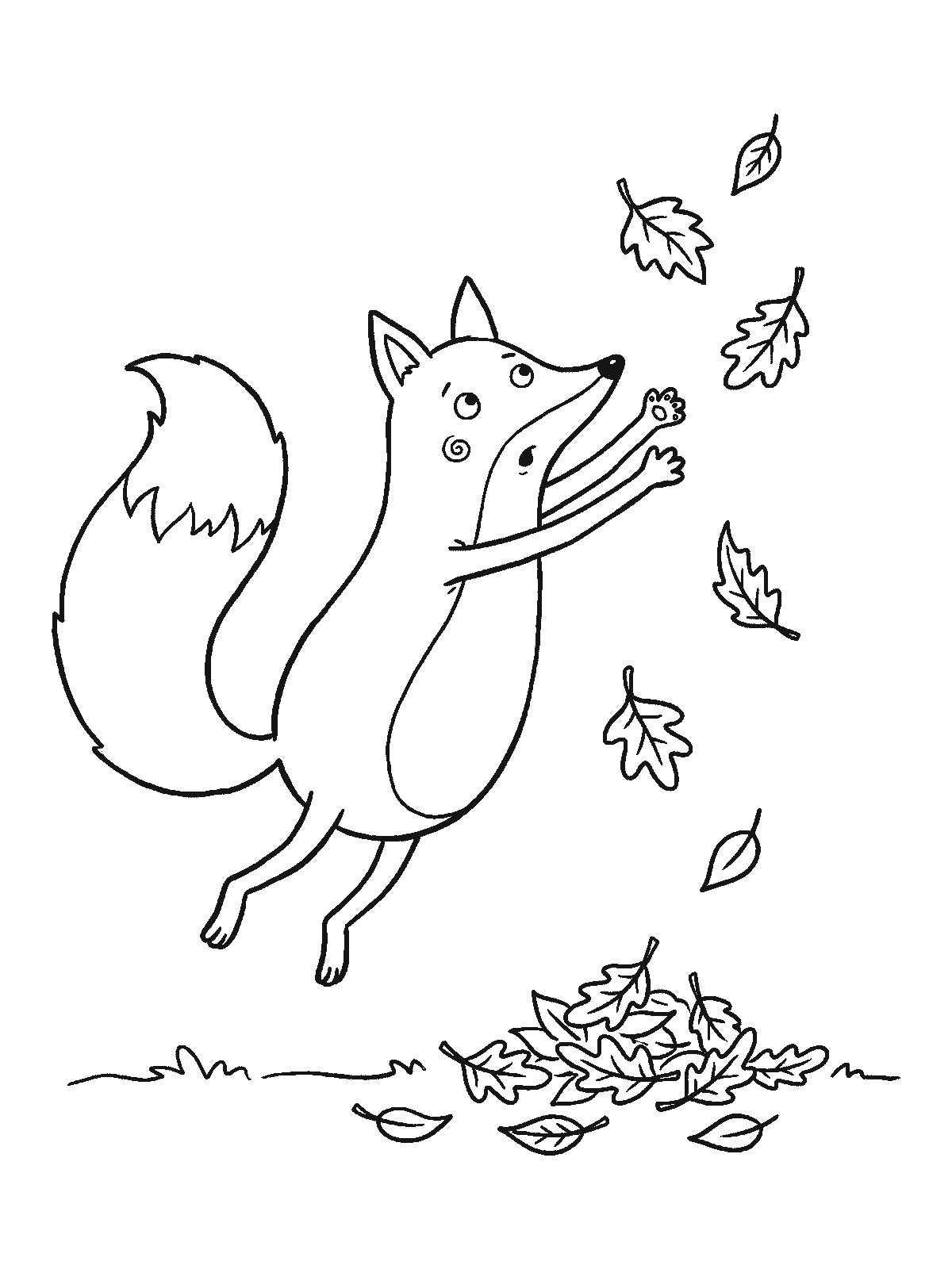 Coloring page: a fox jumping up to catch falling autumn leaves with its paws, a small pile of leaves on the ground