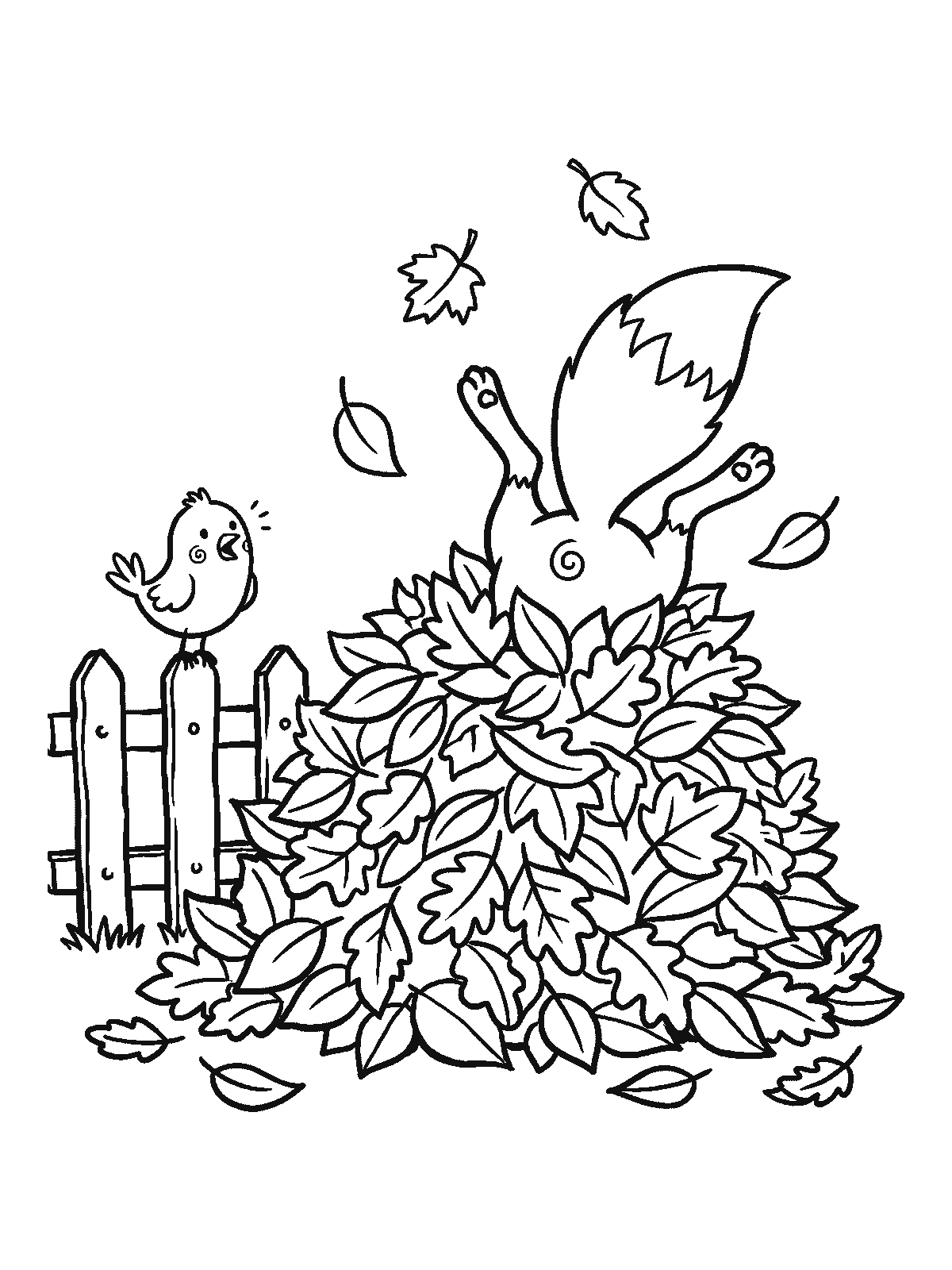 Printable coloring page: a fox has dived headfirst into a pile of fall leaves by a wooden fence, with only its tail and back paws sticking out; a surprised bird sits on the fence