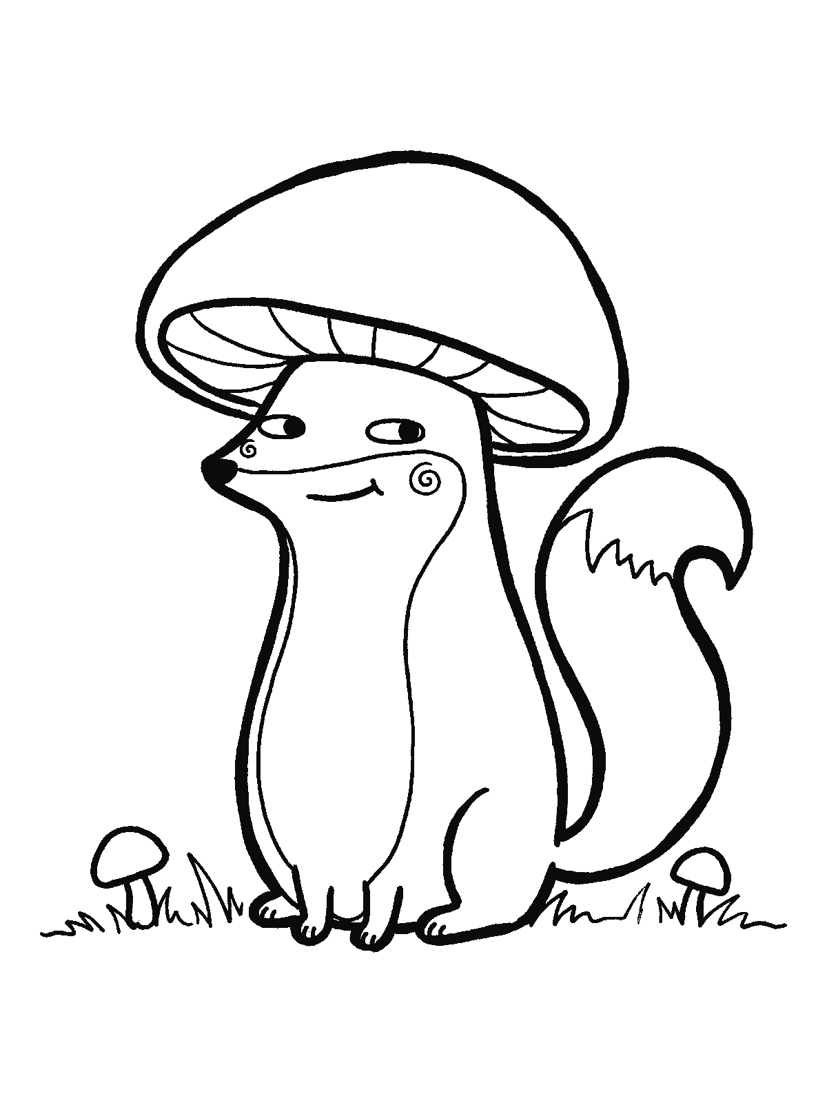 Coloring page: a fox sitting in the grass wearing a big mushroom cap as a hat, with two small mushrooms growing beside it