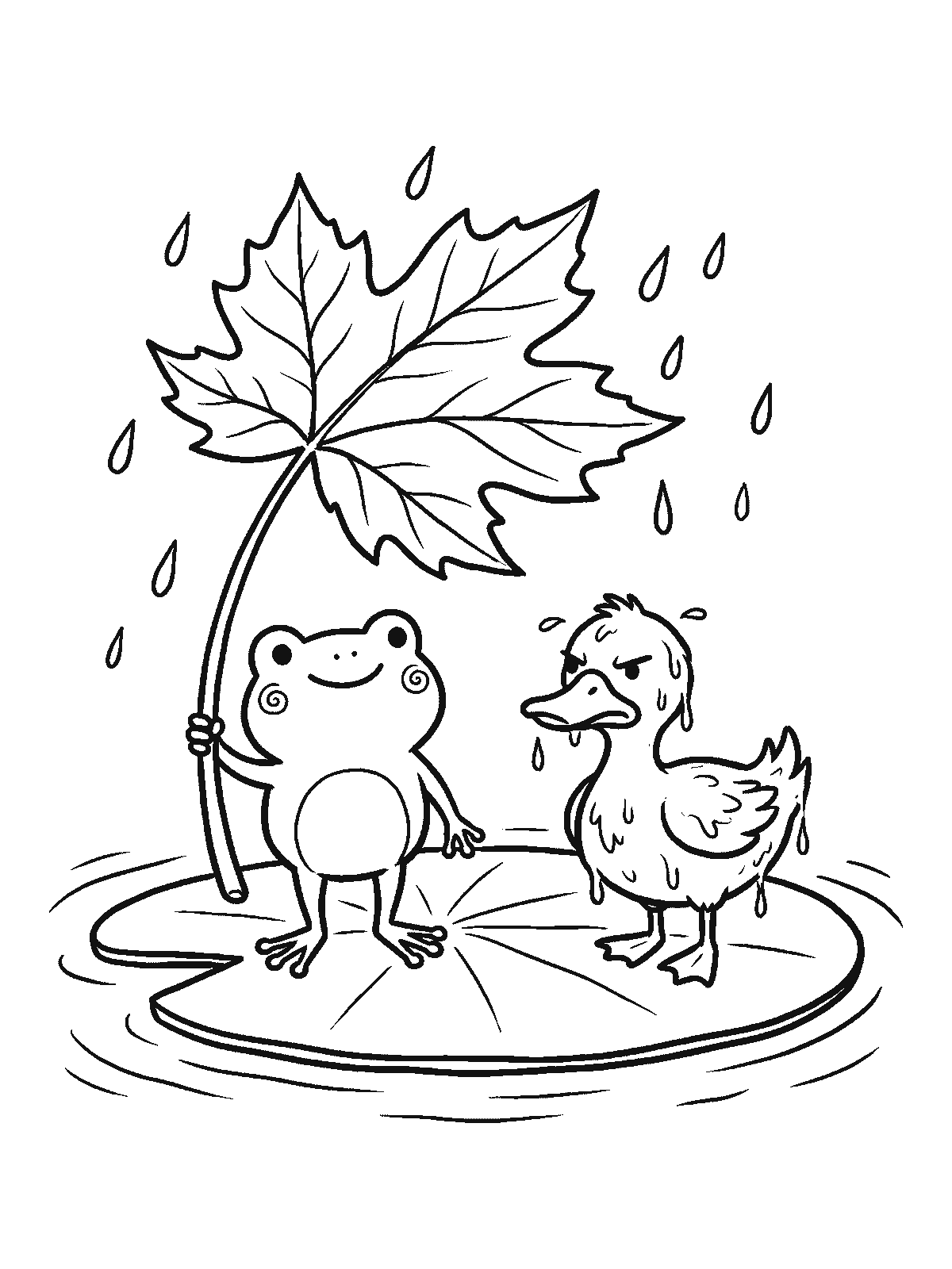 Printable coloring page: a smiling frog on a lily pad holds a maple leaf over its head like an umbrella, next to a soaking wet, grumpy duckling