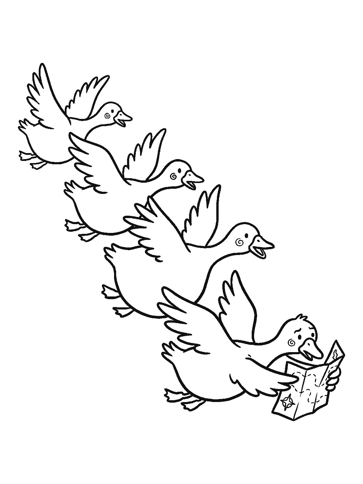 Printable coloring page: four geese fly one behind another, and the last one holds an open map and looks at it, confused