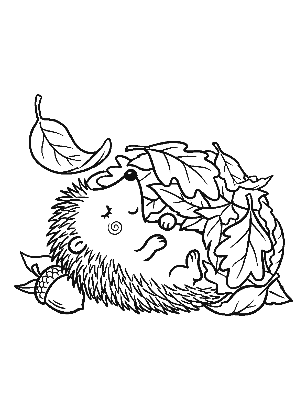 Printable coloring page: a hedgehog sleeps on its back with a smile, tucked under fall leaves like a blanket; an acorn lies nearby and one more leaf is falling