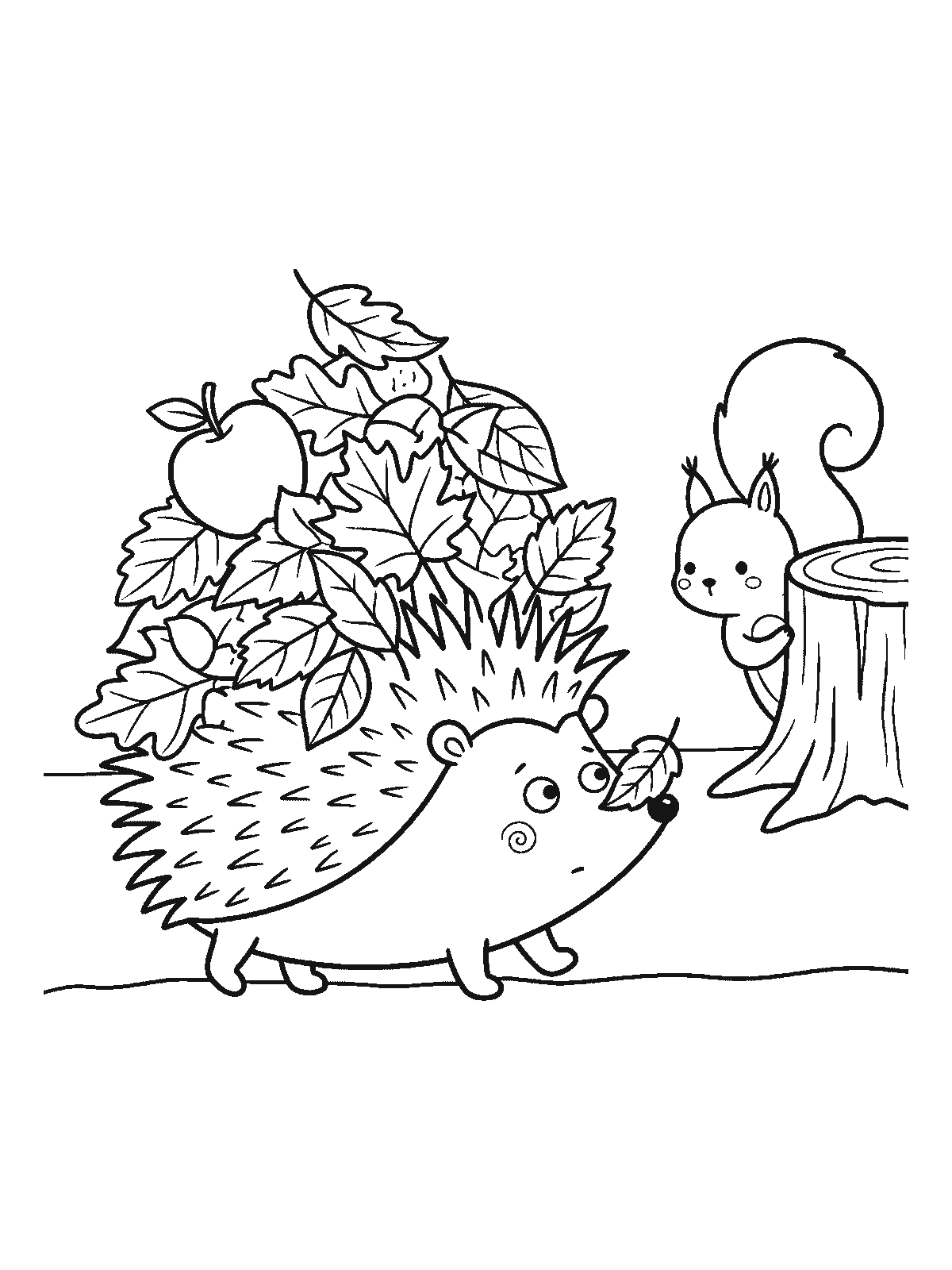 Printable coloring page: a hedgehog carries a pile of fall leaves and an apple on its spines while a leaf lands on its nose; a squirrel peeks out from behind a tree stump
