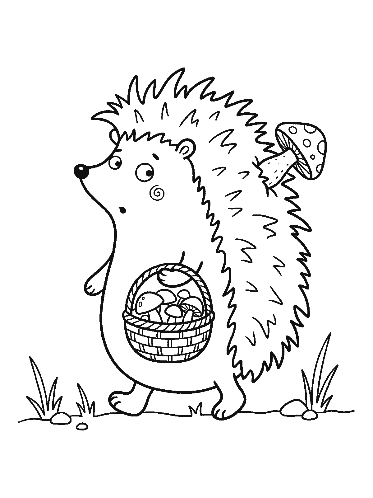 Coloring page: a hedgehog walking through the forest carrying a basket full of mushrooms, with one spotted mushroom stuck on its spines