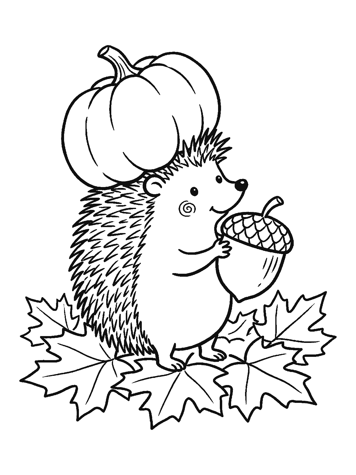 Printable coloring page: a hedgehog with a small pumpkin on its head as a hat holds a big acorn and stands on maple leaves
