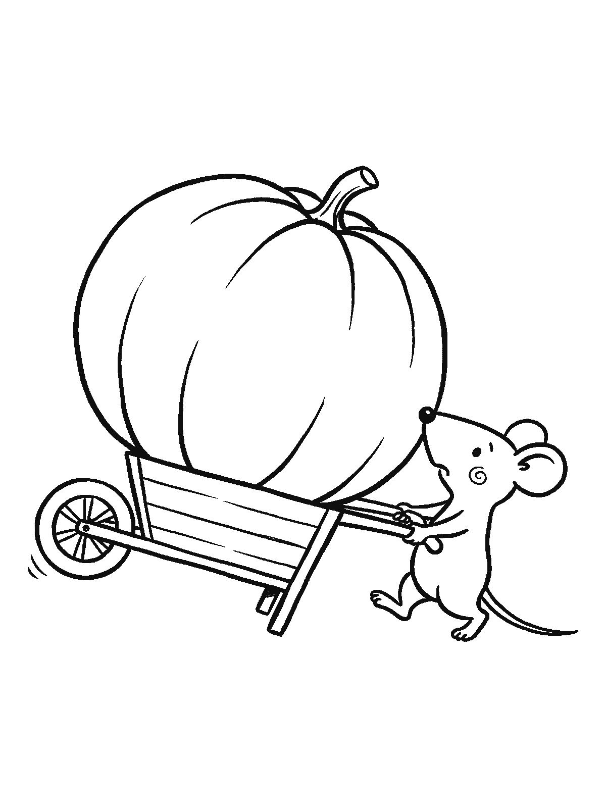 Printable coloring page: a little mouse strains to push a wooden wheelbarrow holding a huge pumpkin, much bigger than the wheelbarrow