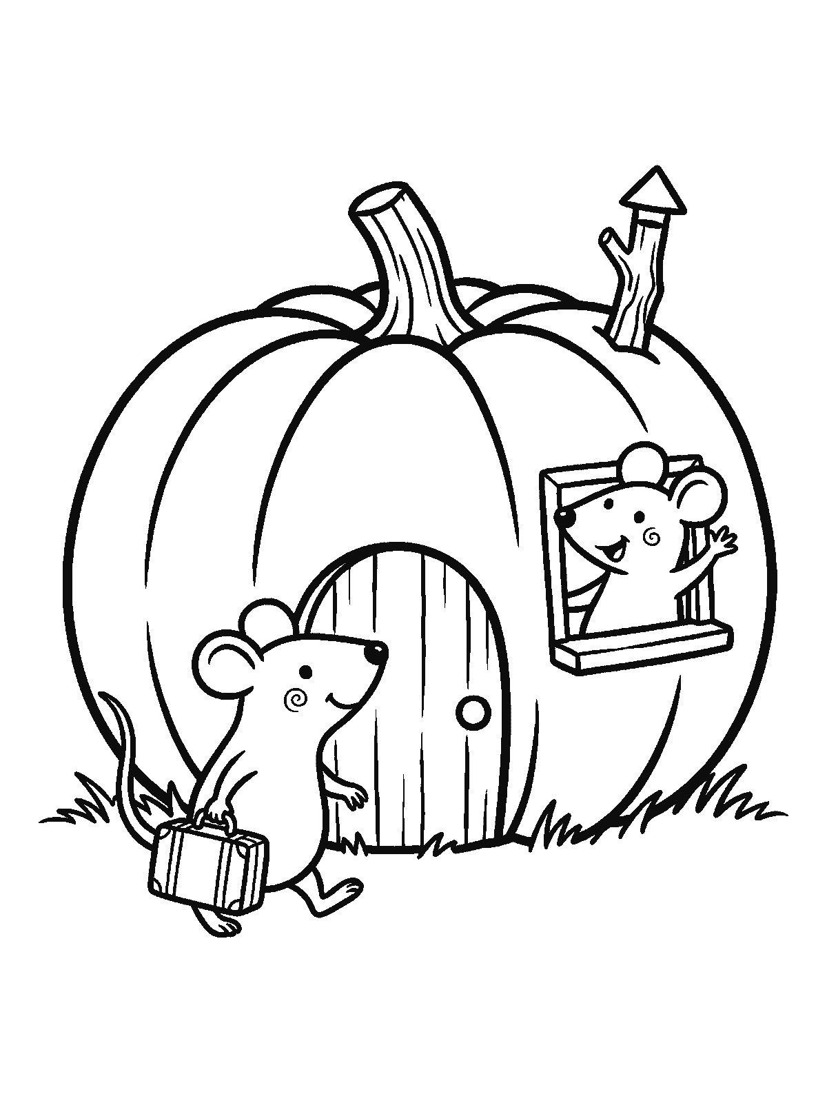 Printable coloring page: a big pumpkin turned into a house with a door, a window and a small chimney; one mouse waves from the window while another walks up with a suitcase