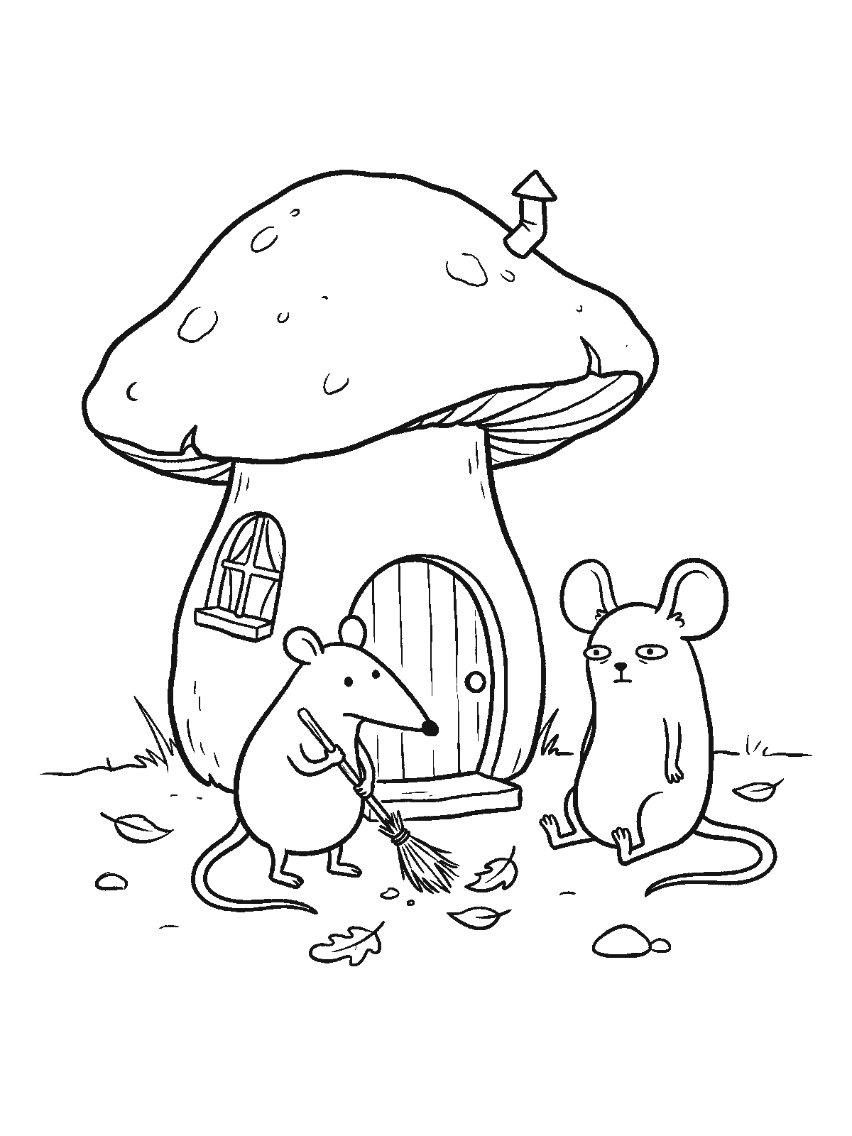 Coloring page: a big mushroom turned into a house with a round door, a window and a tiny chimney, one mouse sweeping leaves and another sitting nearby
