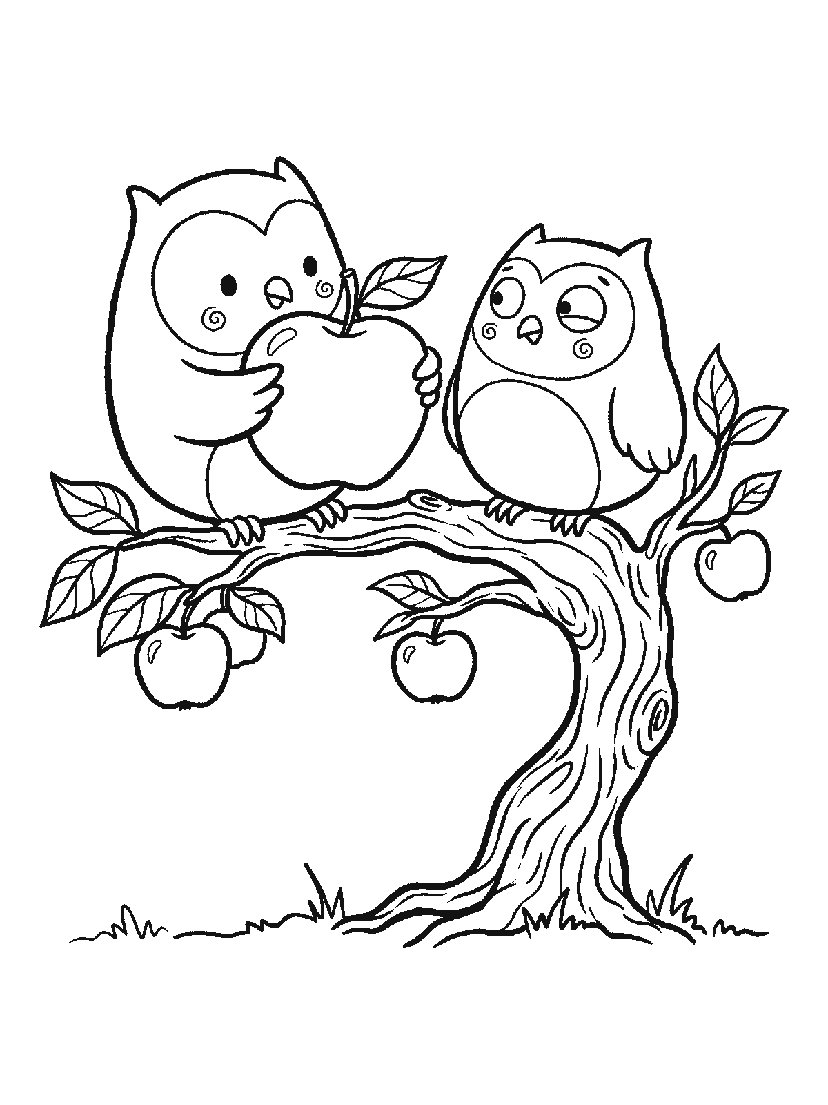 Coloring page: two round owls sitting on a branch of an apple tree full of apples, one owl hugging a big apple