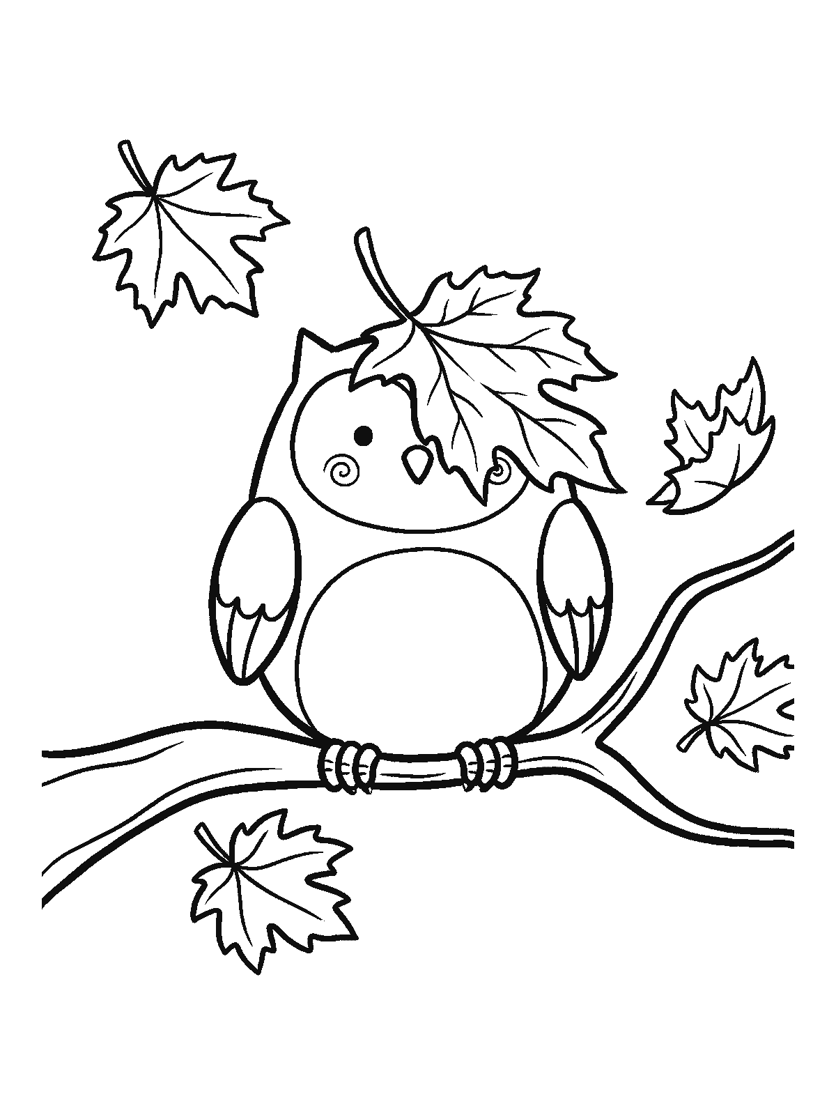 Printable coloring page: a round owl sits on a branch wearing a maple leaf on its head like a hat; maple leaves fall all around