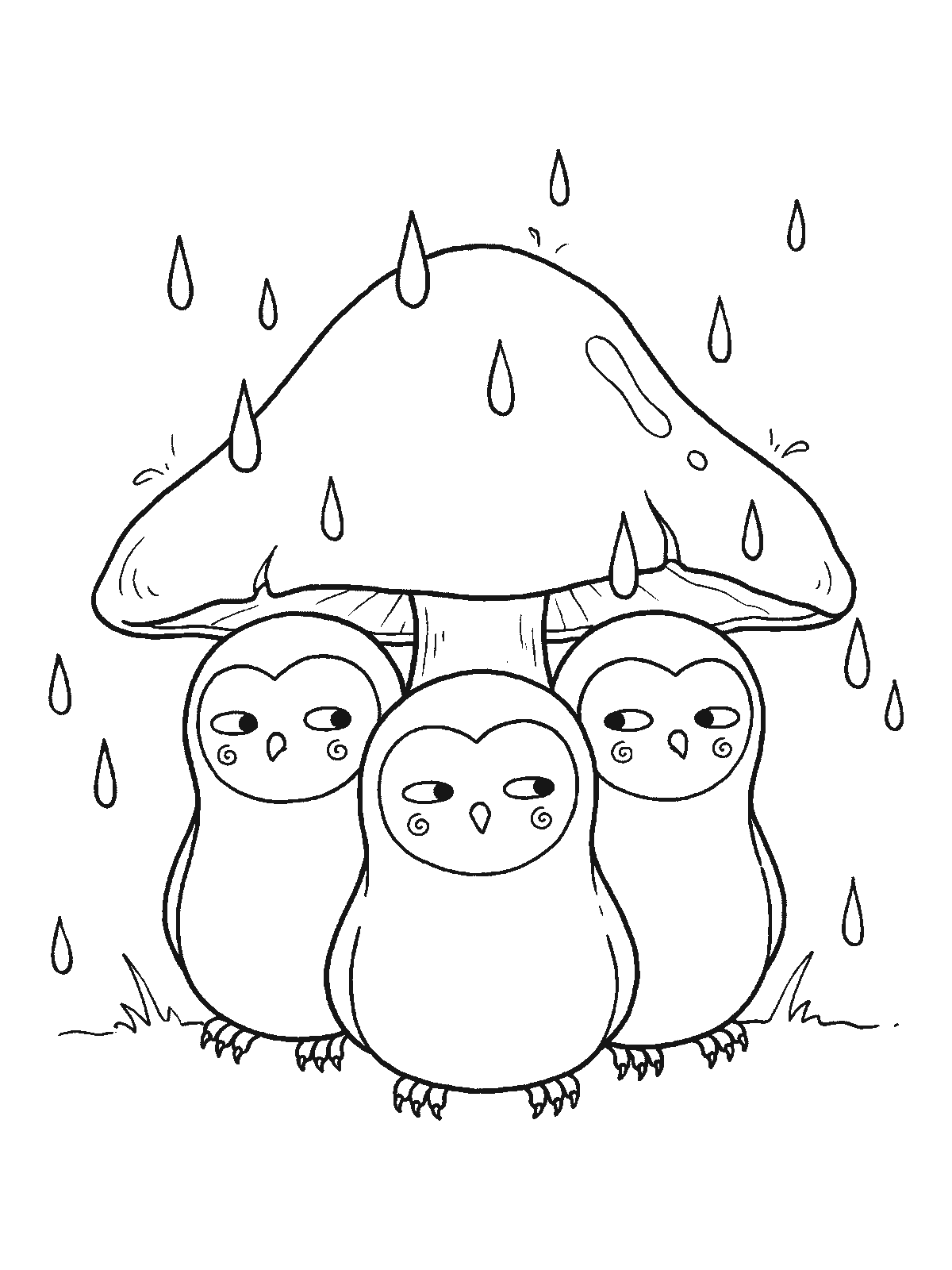 Coloring page: three owl chicks standing close together under a big mushroom cap while raindrops fall around them