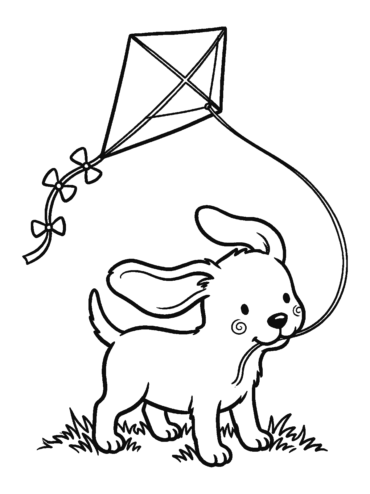 Printable coloring page: a puppy with ears blowing in the wind stands on the grass holding the string of a kite with bows on its tail in its mouth