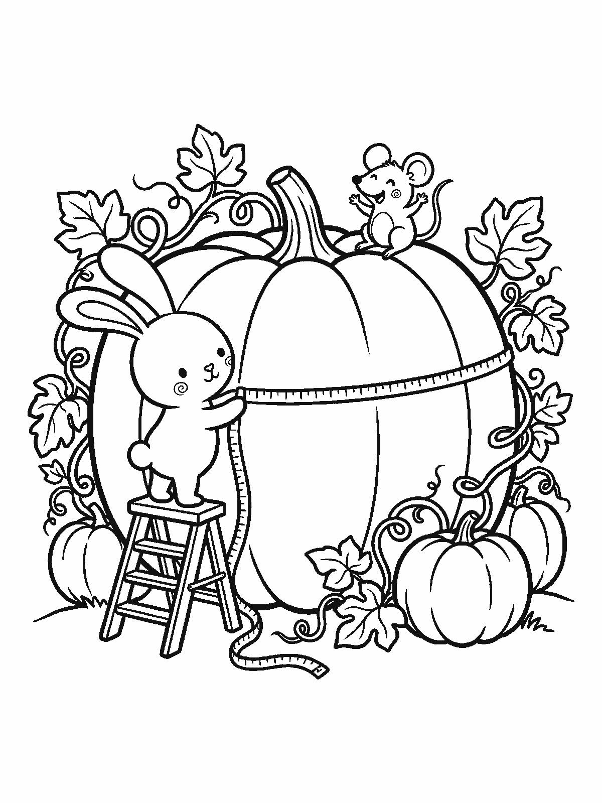 Printable coloring page: in a pumpkin patch a bunny on a small step ladder measures a huge pumpkin with a tape measure while a mouse cheers on top; vines and small pumpkins all around
