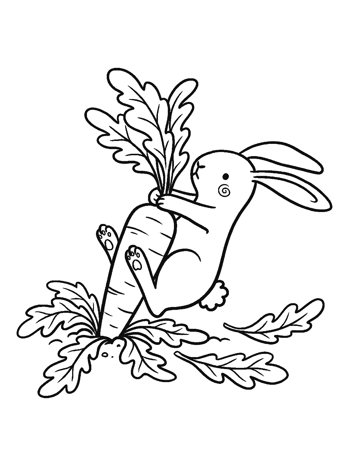 Printable coloring page: a bunny hugs a huge carrot with all its paws and pulls it out of the ground; leaves lie all around