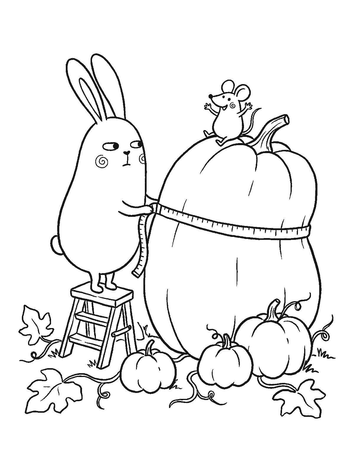 Printable coloring page: a lanky bunny on a ladder wraps a tape measure around a giant pumpkin with a serious sideways look; a mouse cheers on top and tiny pumpkins sit nearby