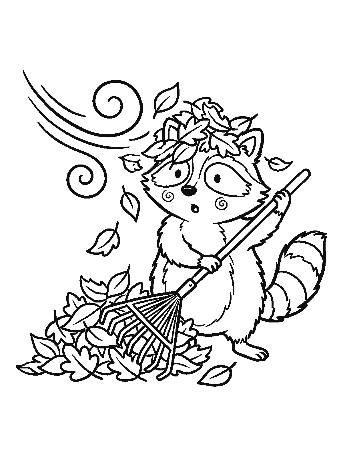 Printable coloring page: a raccoon with a rake stands by a pile of leaves as the wind blows the leaves back and drops them on its head