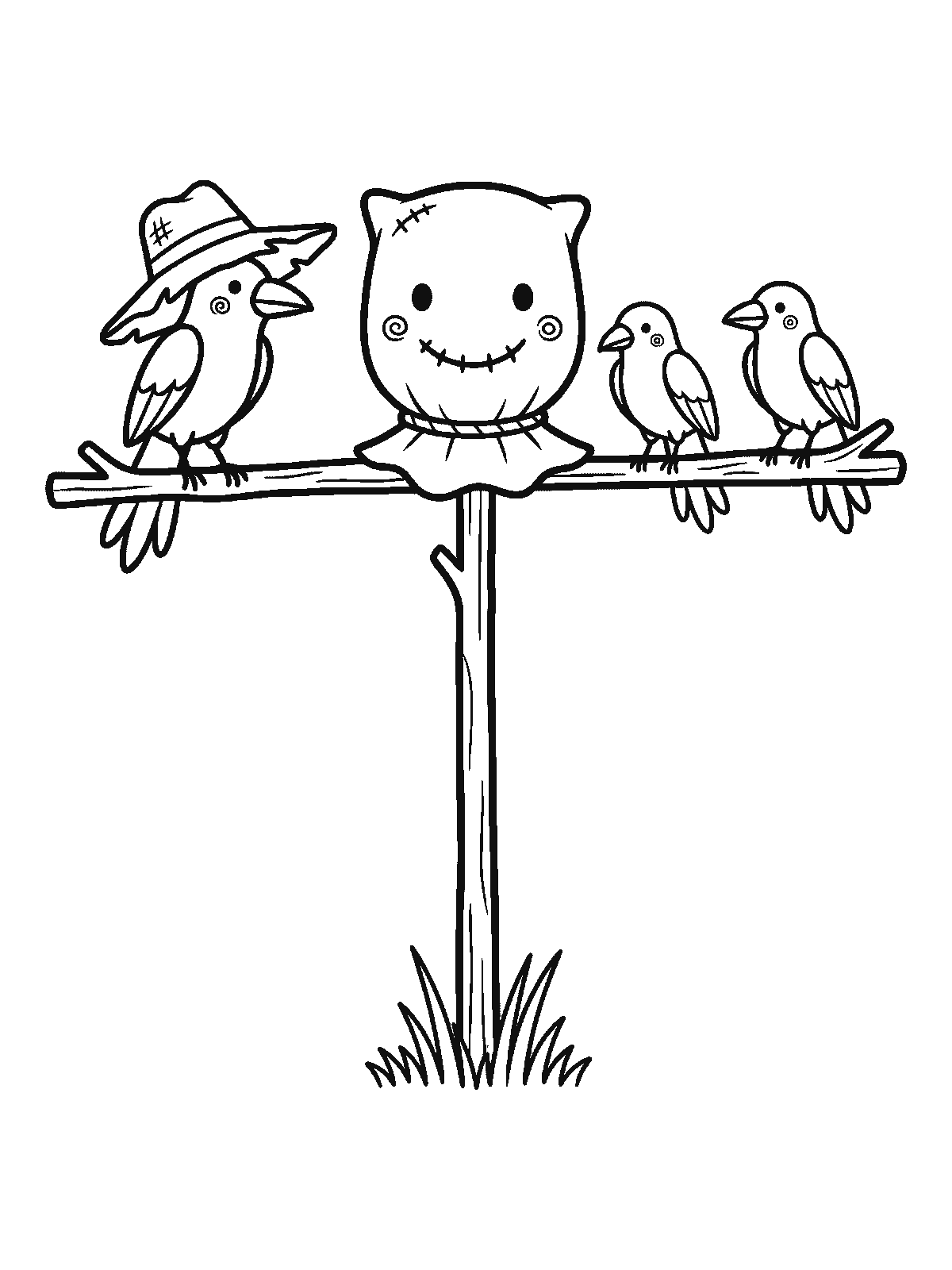 Printable coloring page: a smiling scarecrow on a wooden post with crows sitting on its arms, one of them wearing the scarecrow's straw hat