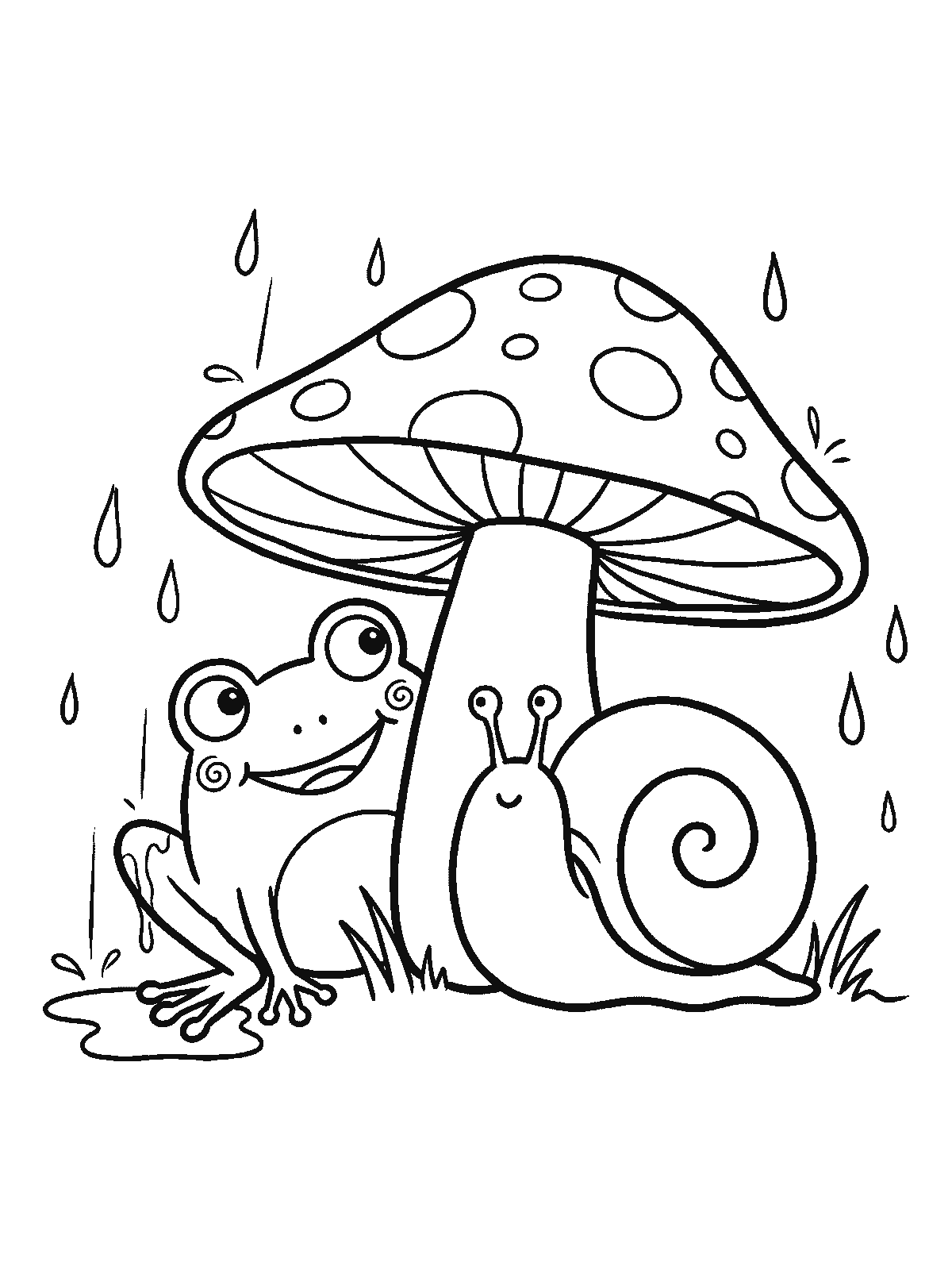 Printable coloring page: in the rain a snail sits under a big spotted mushroom, and next to it a frog who didn't fit gets wet in a puddle