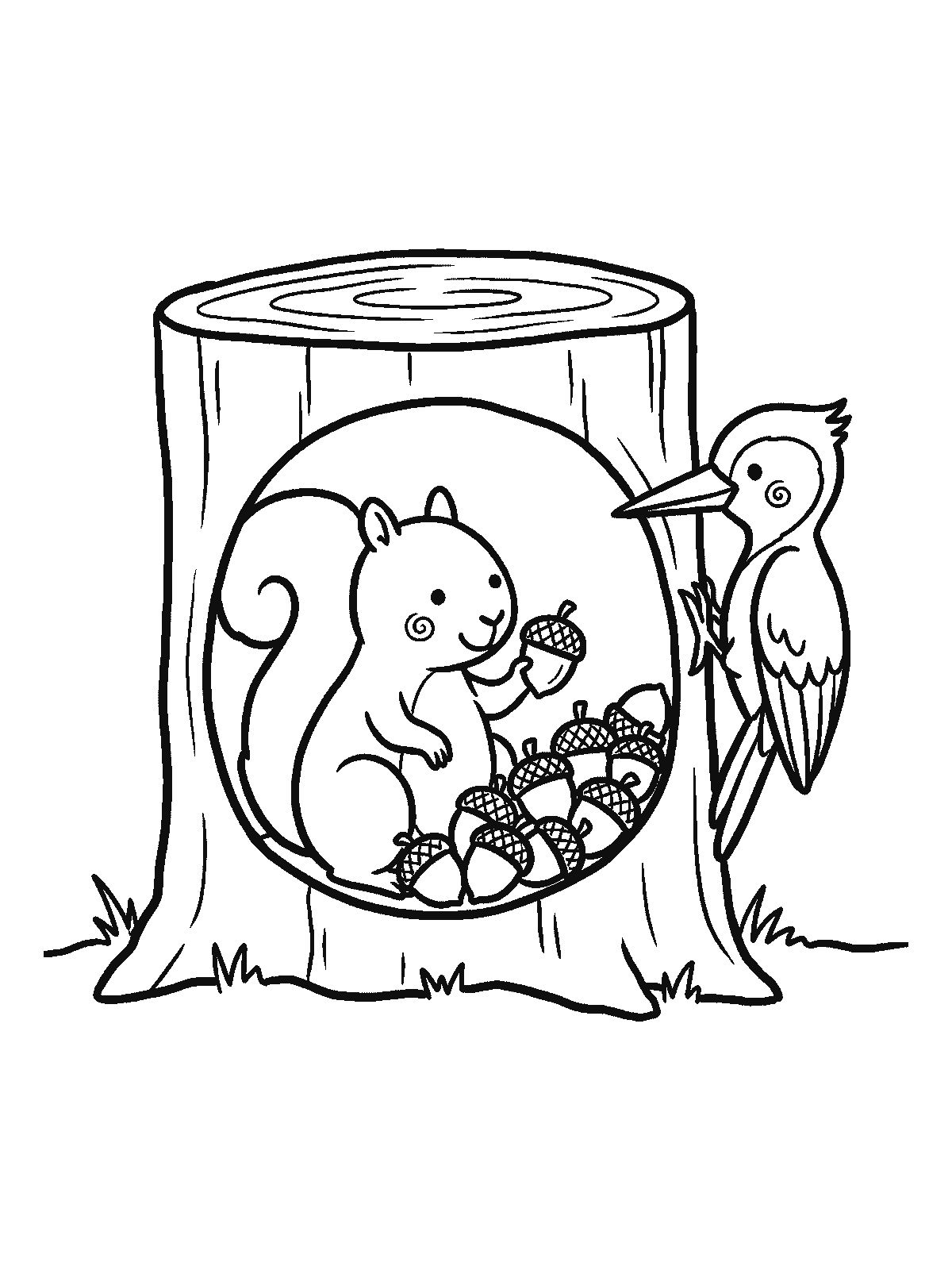 Printable coloring page: a squirrel sits in the round hollow of a tree stump with a pile of acorns, holding one in its paw; a woodpecker on the side of the stump peeks in