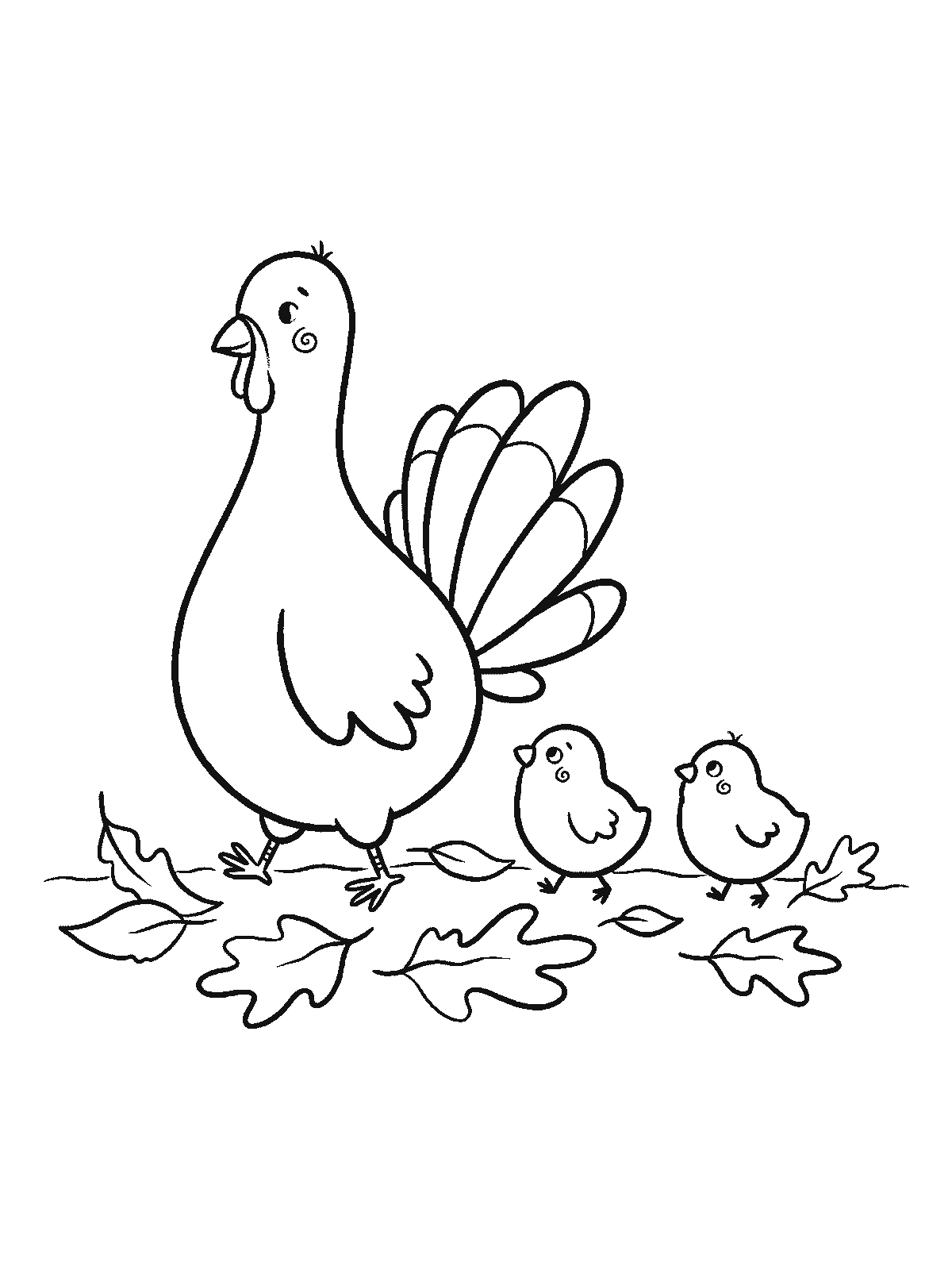 Coloring page: a mother turkey walking through fallen autumn leaves followed by two small chicks