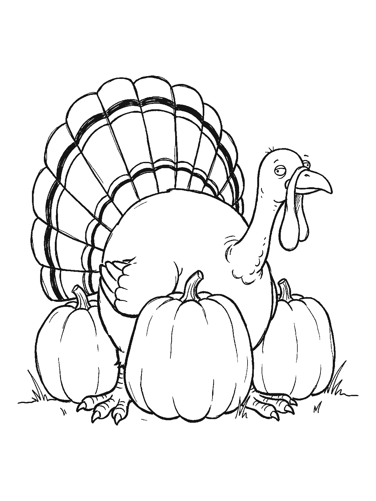 Coloring page: a big turkey behind a row of three pumpkins with its fanned tail and head sticking up above them