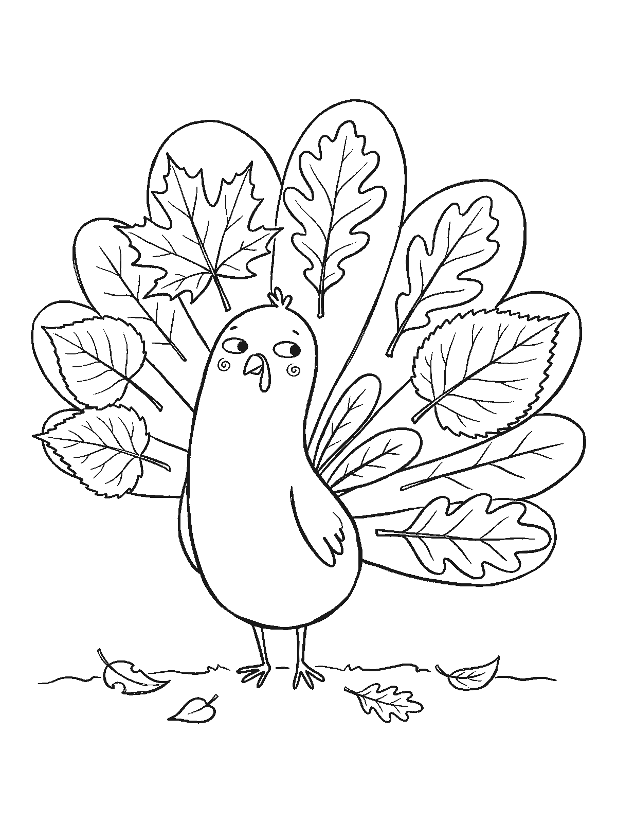 Coloring page: a turkey with a fanned tail made of different autumn leaves such as maple, oak and birch leaves