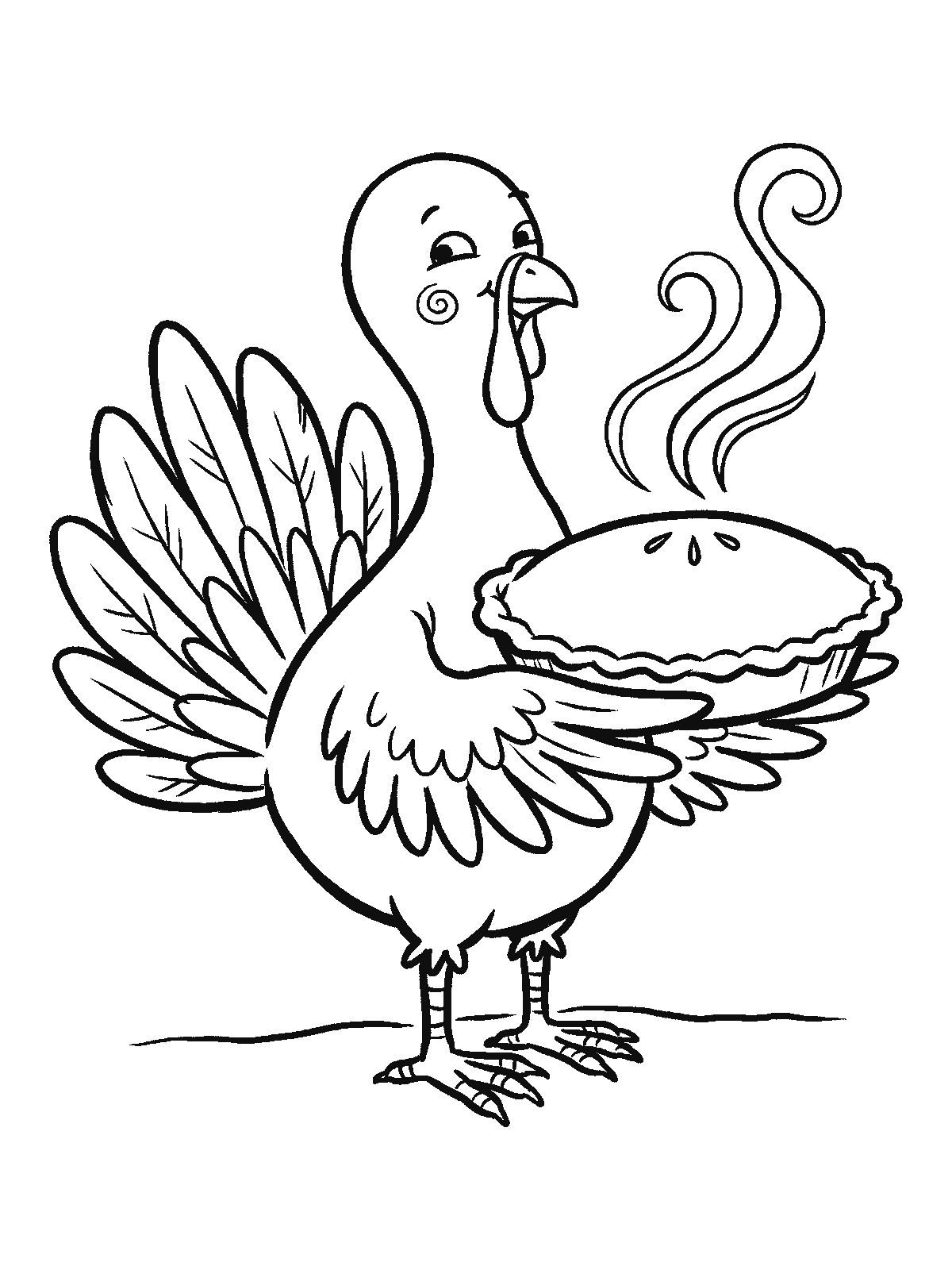 Coloring page: a turkey holding a round pumpkin pie with steam curling up from it