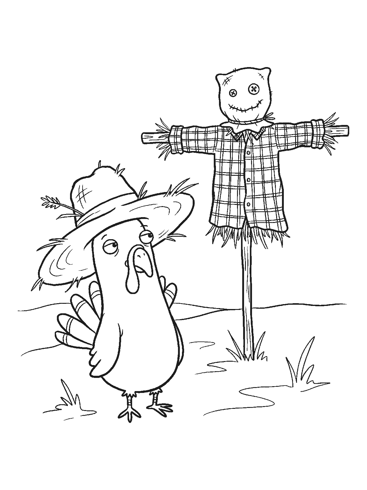 Coloring page: a turkey wearing a big straw hat standing in a field next to a scarecrow in a plaid shirt