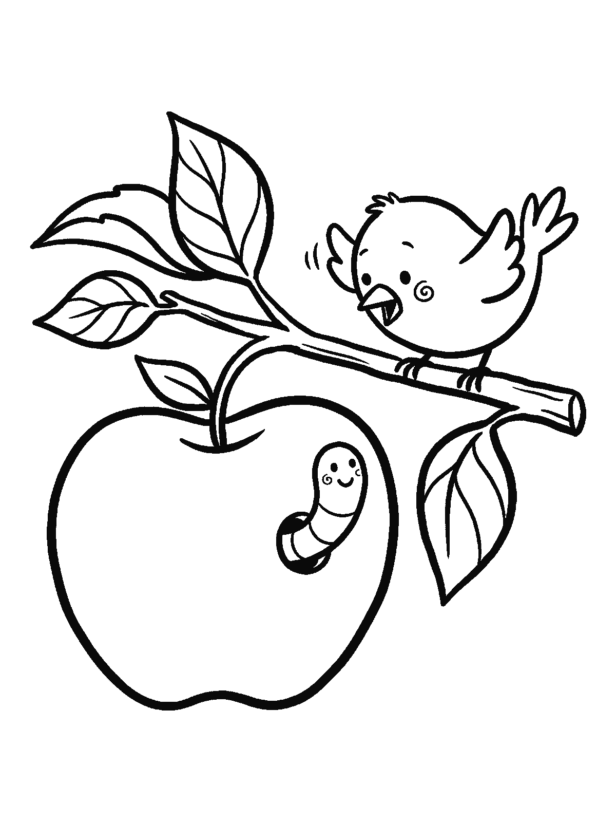 Printable coloring page: a big apple hangs from a branch, a smiling worm peeks out of a hole in it, and a surprised bird sits on the branch nearby