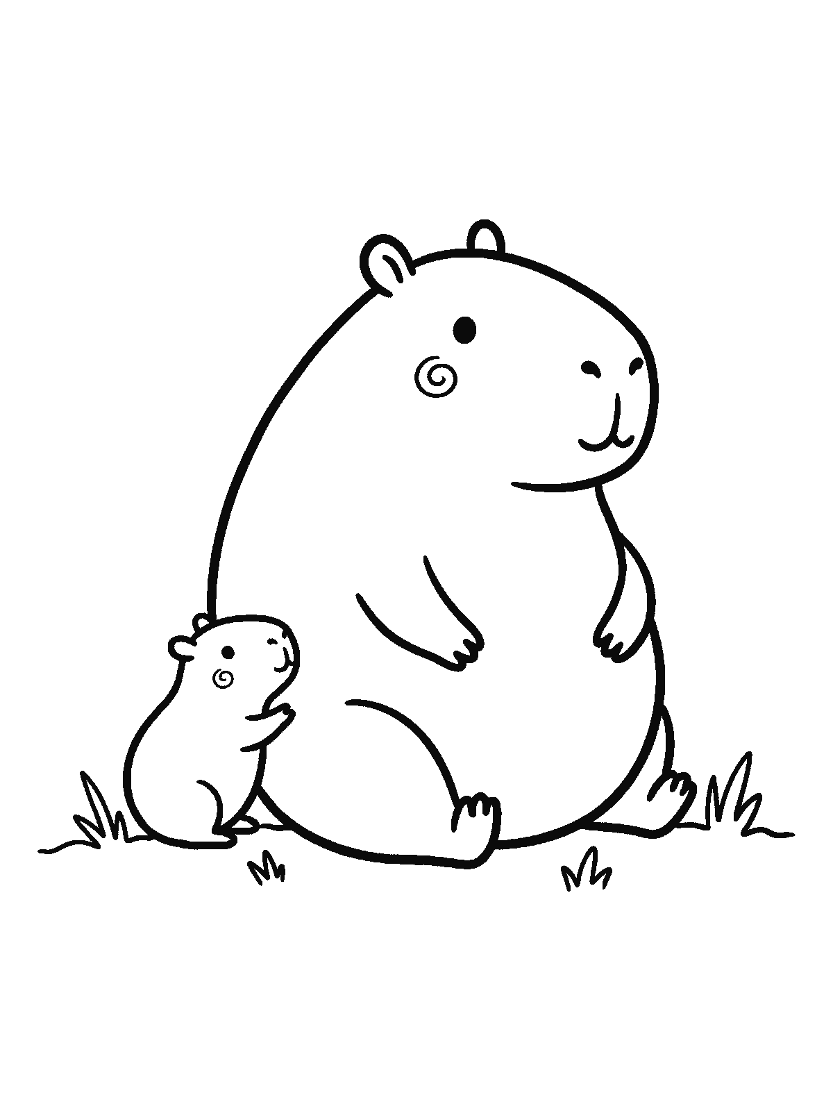 Coloring page: a big round capybara sits with a much smaller baby capybara leaning against its side, both facing forward