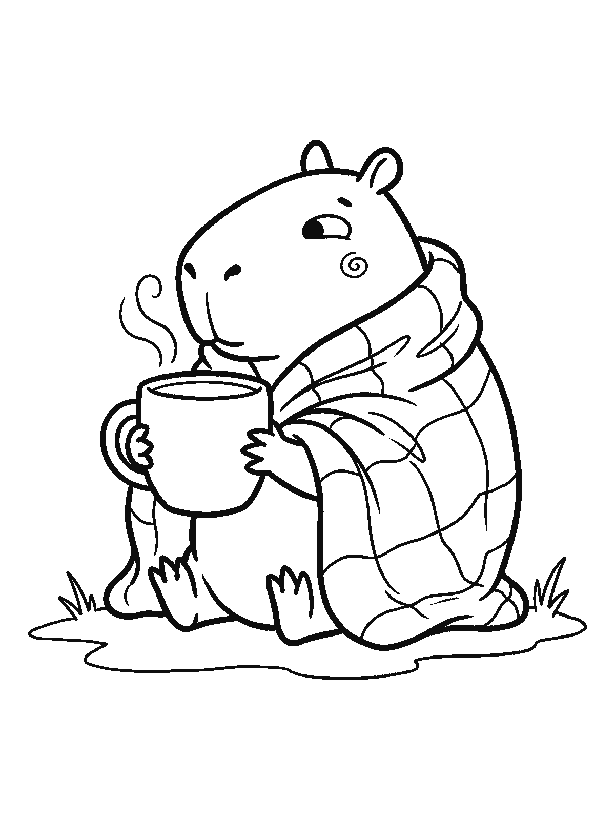Coloring page: a capybara wrapped in a blanket up to its chin holds a big round cup in both front paws, with two curls of steam above it