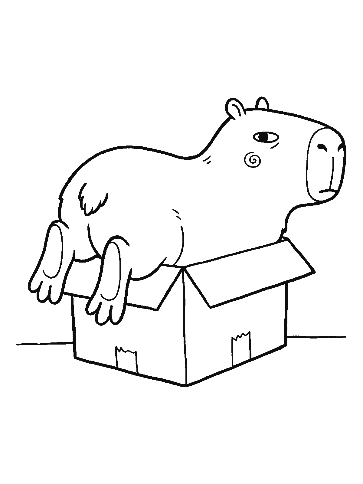 Coloring page: a capybara sits inside an open cardboard box that is slightly too small, its back and one paw sticking out over the edges