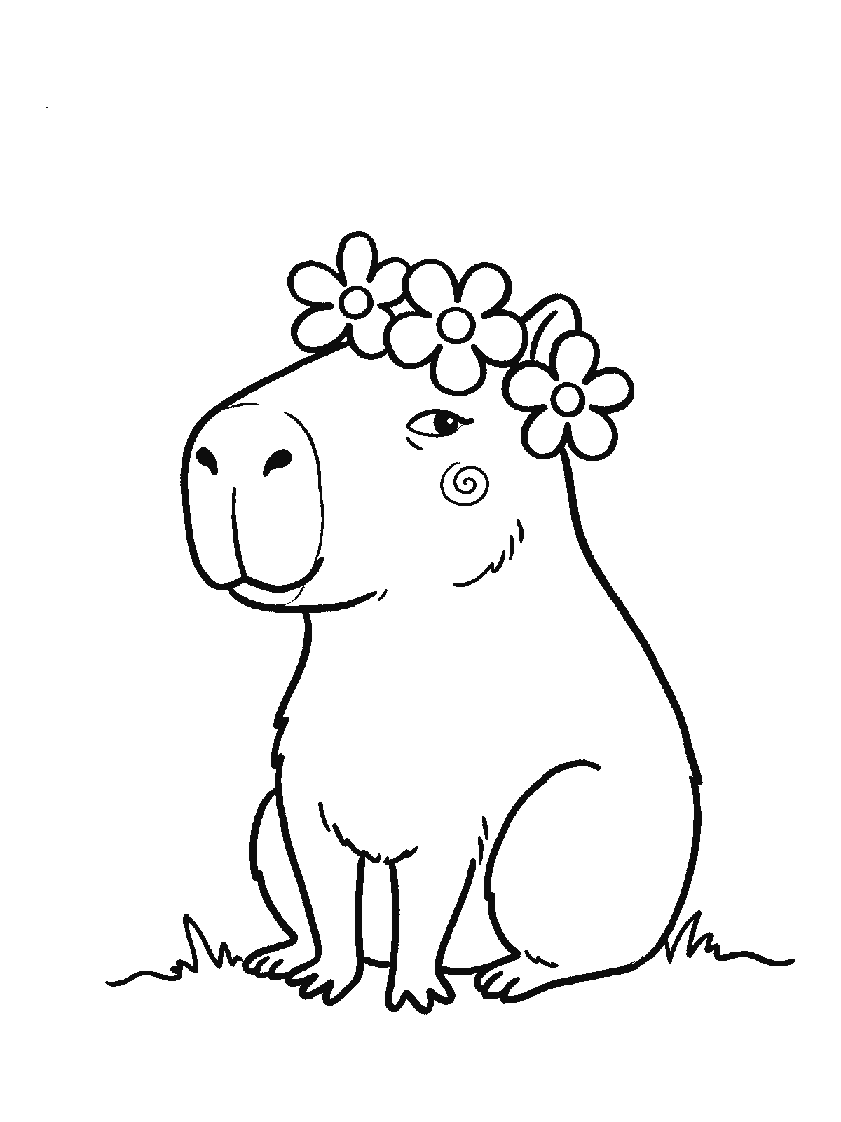 Coloring page: a capybara sits up straight wearing a crown made of five big round flowers