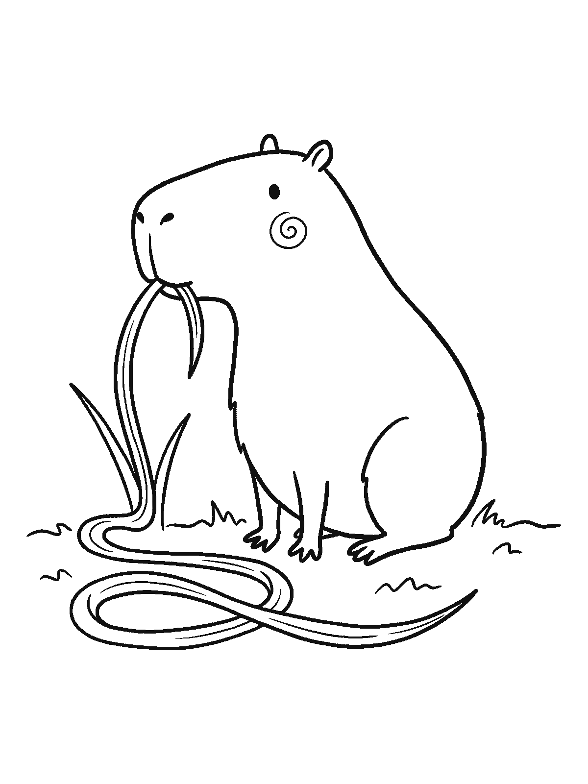Ausmalbild: Ein Capybara sitzt und frisst einen langen Grashalm, ein Ende im Maul, das andere ringelt sich lose auf dem Boden davor