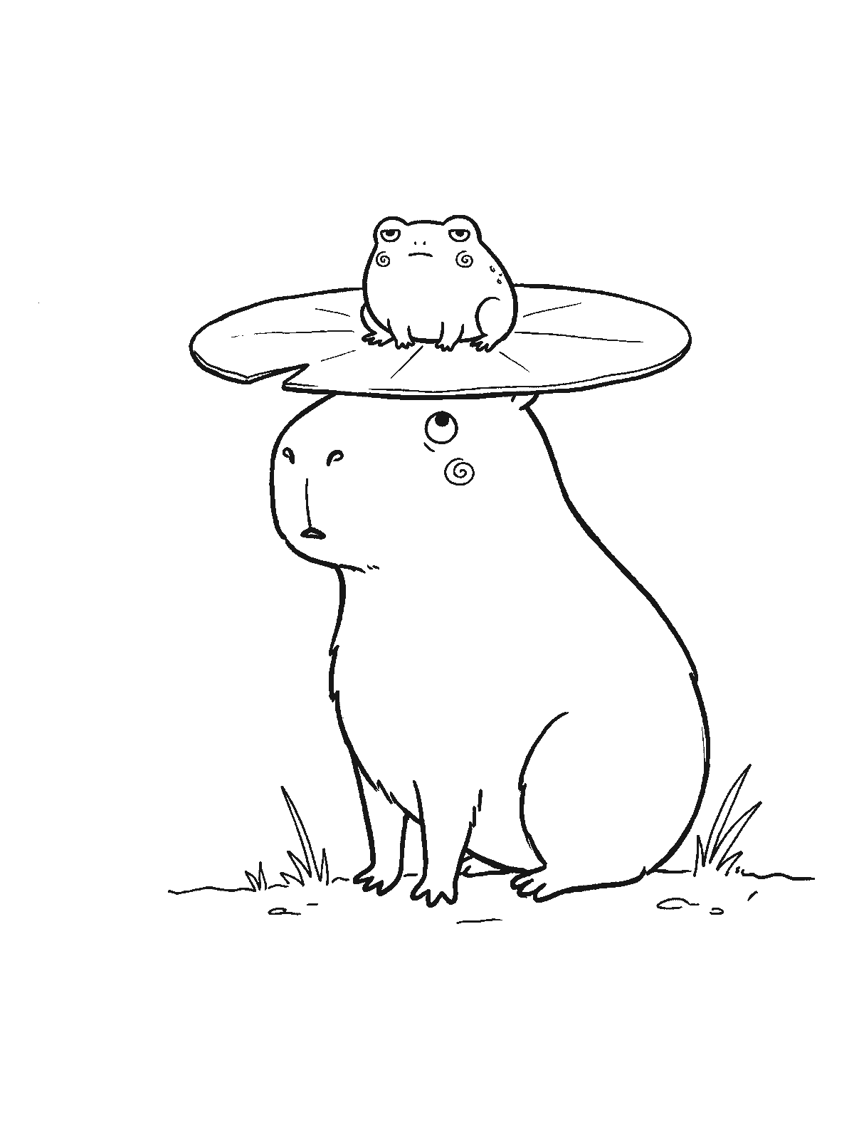 Ausmalbild: Ein Capybara sitzt ruhig im Gras, auf seinem Kopf liegt flach ein großes rundes Seerosenblatt, in dessen Mitte ein kleiner Frosch sitzt