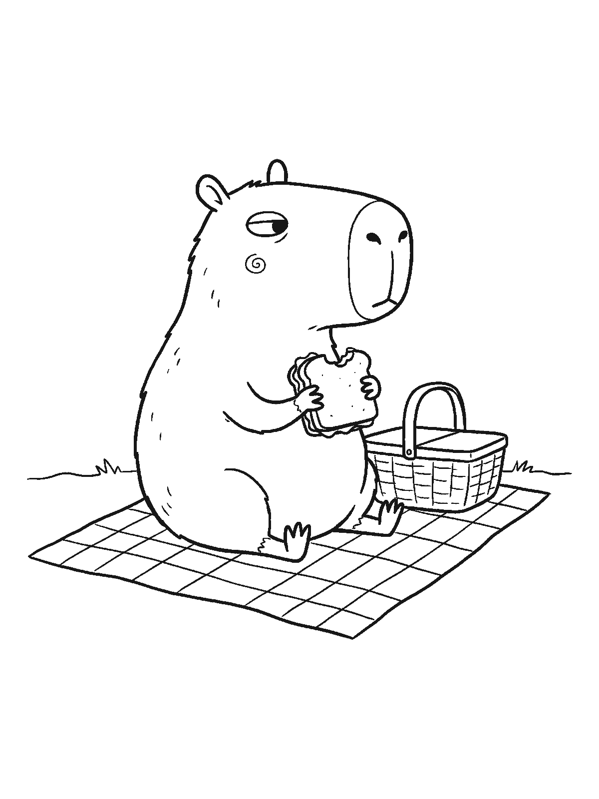 Coloring page: a capybara sits on a checked picnic blanket holding one thick sandwich, with a woven basket beside it