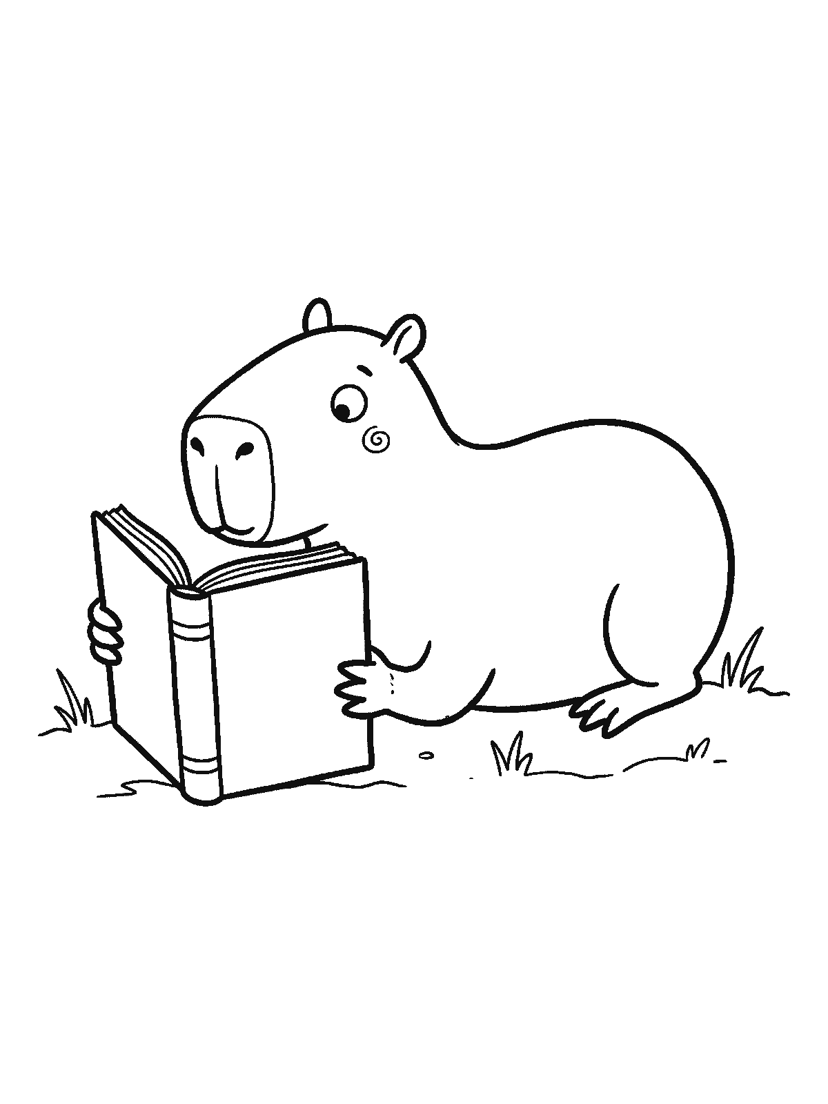 Coloring page: a capybara lies on its front holding a big open book upright with both front paws, reading it with great concentration