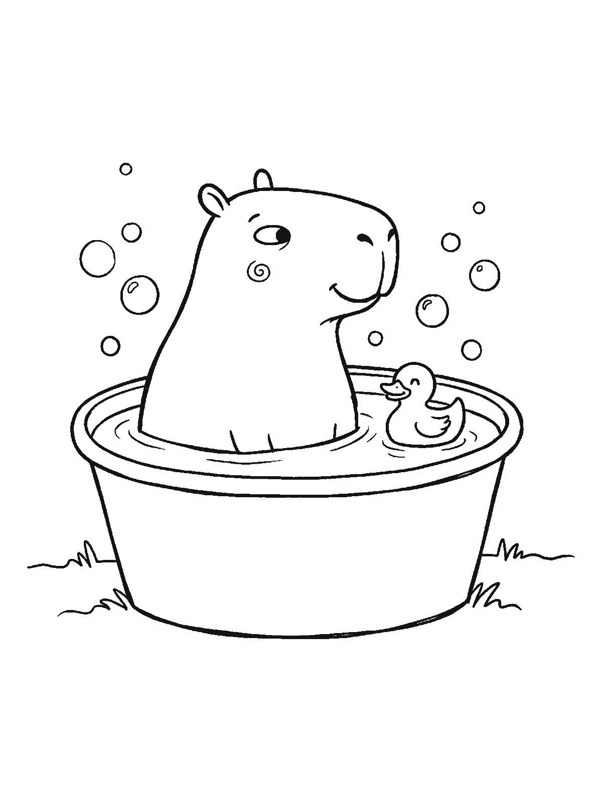 Ausmalbild: Ein Capybara sitzt in einer runden Wanne mit Wasser, ringsum Schaumkreise, daneben schwimmt eine kleine Quietscheente