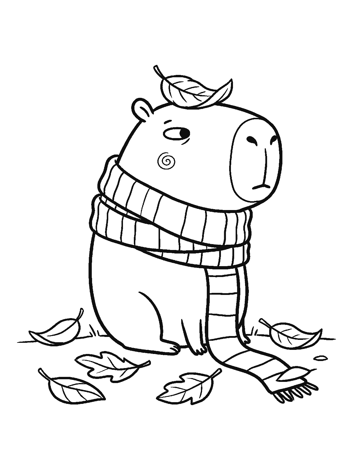 Coloring page: a capybara wearing a long striped scarf sits among six big fallen leaves, with one more leaf resting on its head