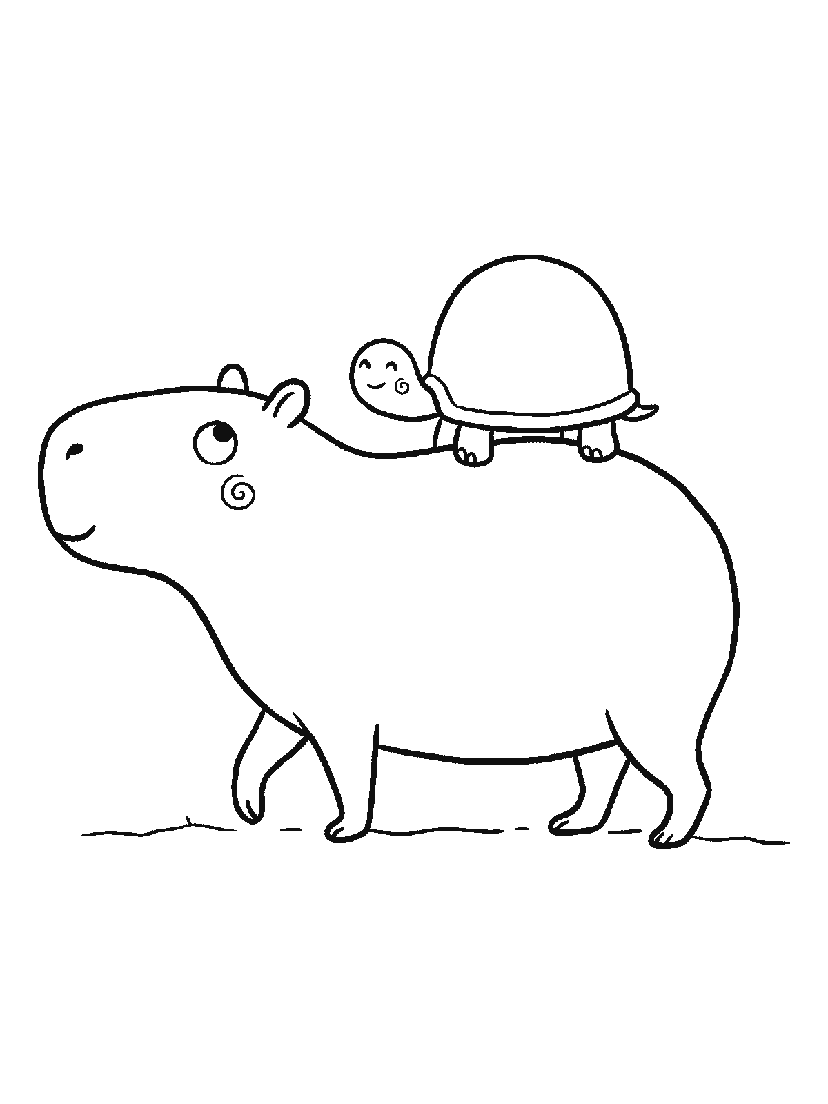 Ausmalbild: Ein Capybara geht langsam, auf seinem Rücken reitet eine kleine runde Schildkröte, beide sehen zufrieden aus