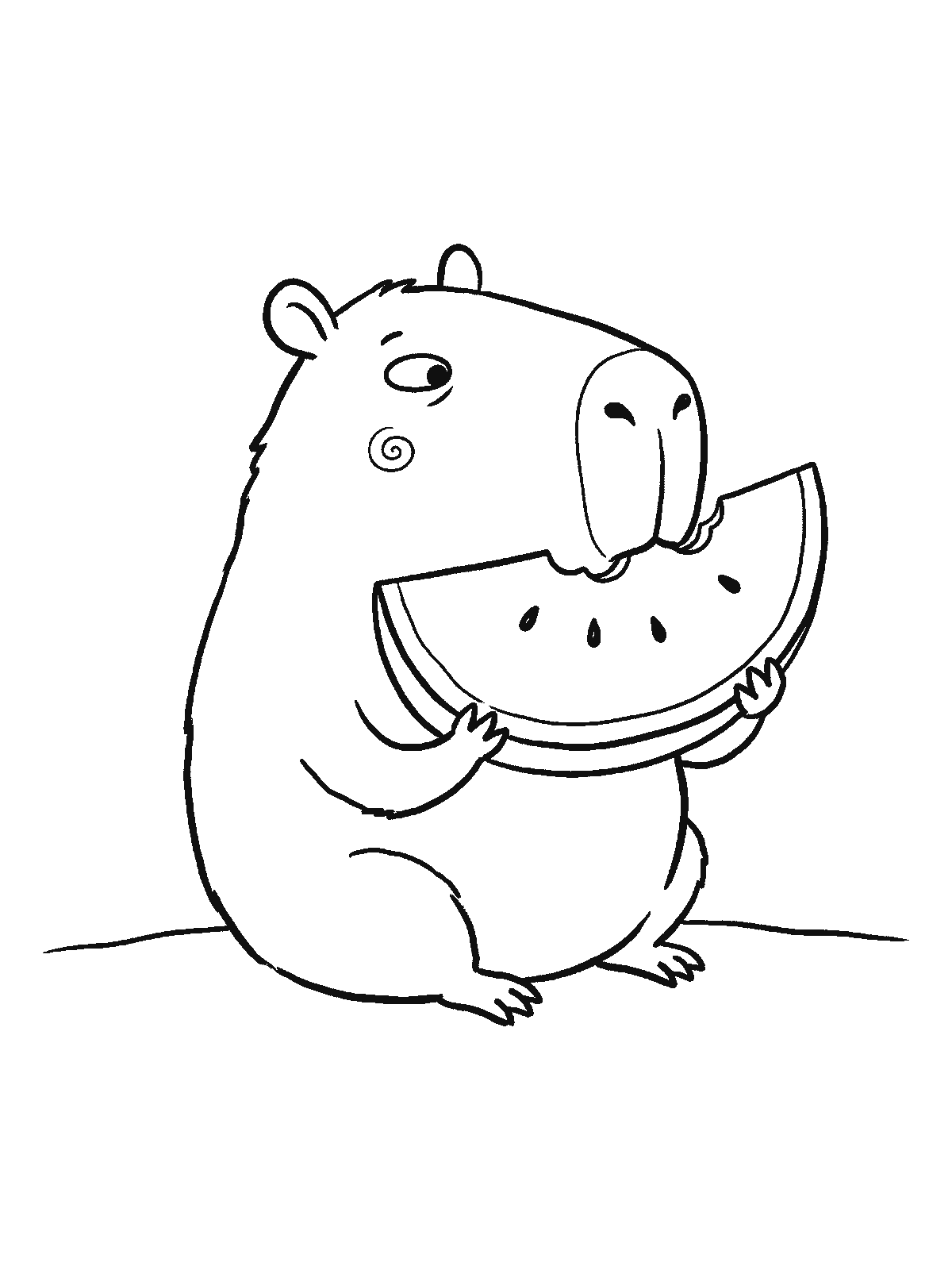 Coloring page: a capybara sits holding a large slice of watermelon in both front paws and takes a bite from it