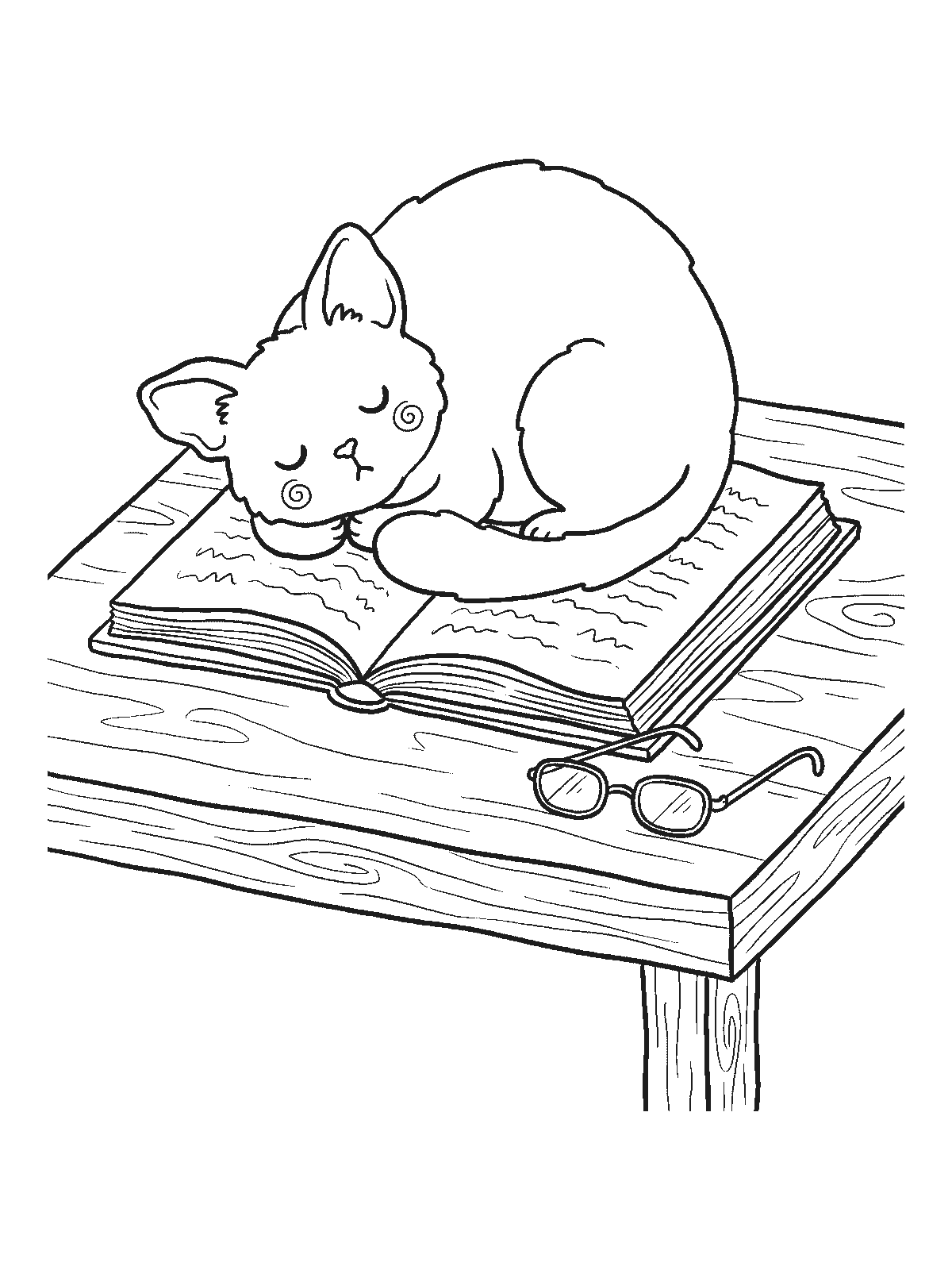 Printable coloring page: a cat sleeps curled up on a big open book lying on a wooden table, with a pair of glasses beside it